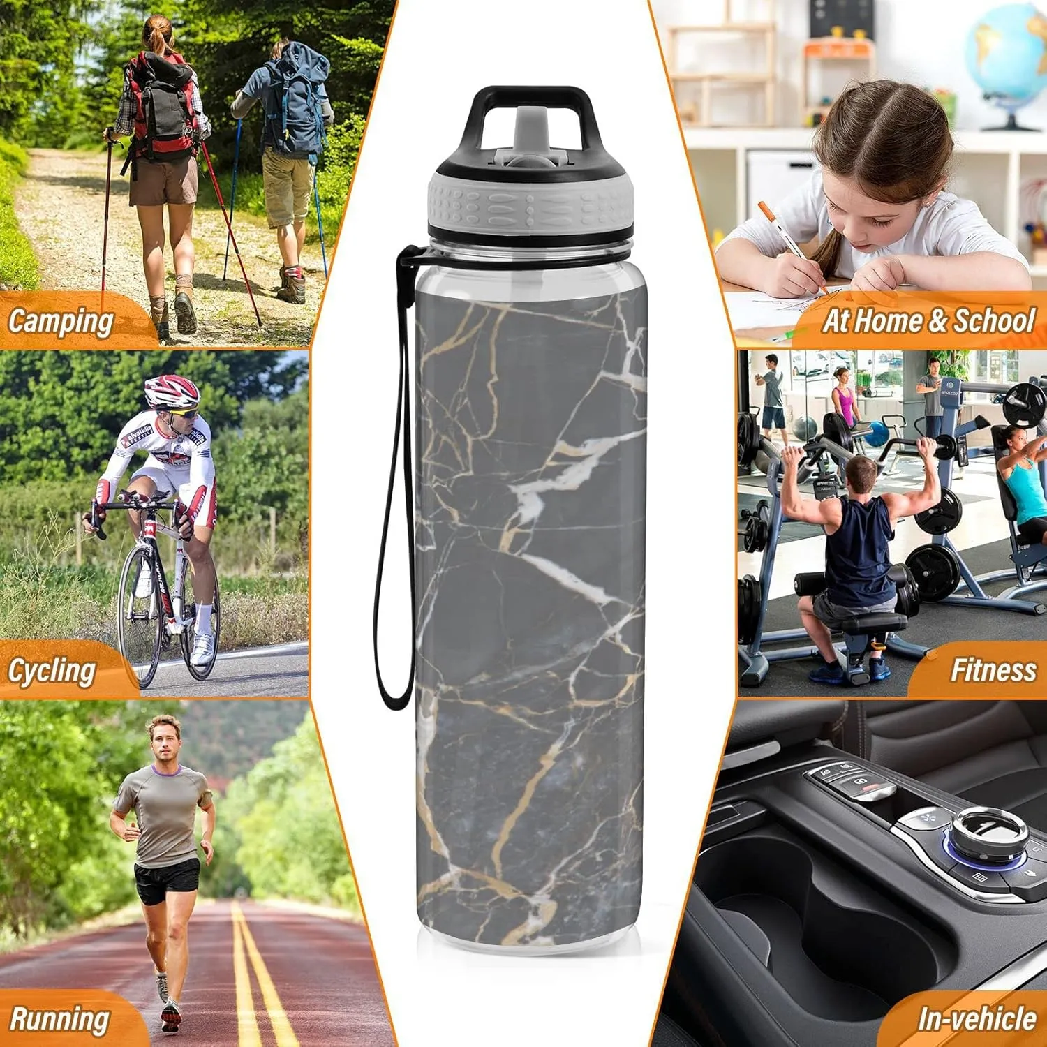 Oyihfvs Black Marble with Yellow and White Veins Agate Ripples Luxury Paint Transparent Sports Water Bottle 32 Oz, with Straw Lid Leakproof Reusable Water Bottle, Water Bottle for Fitness Gym Outdoor