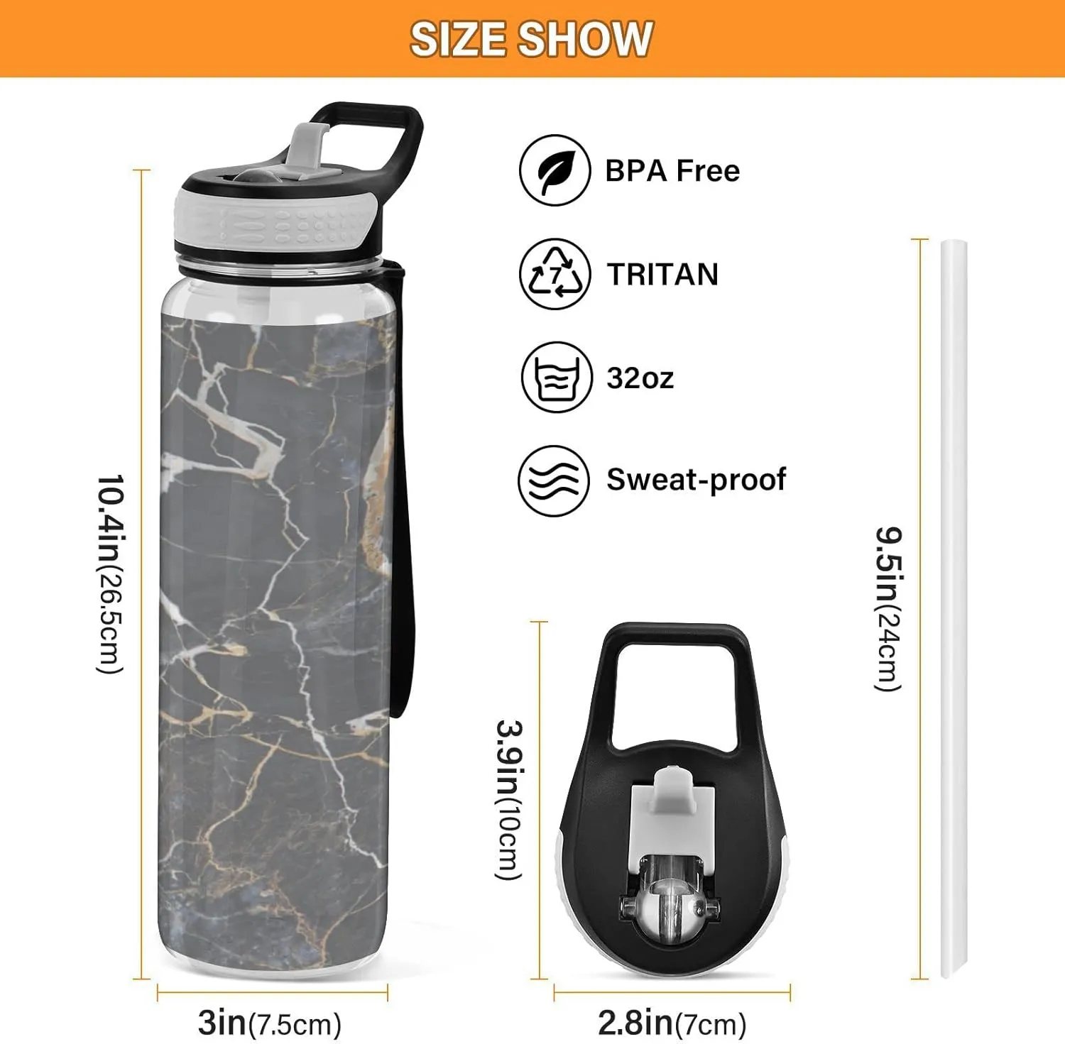 Oyihfvs Black Marble with Yellow and White Veins Agate Ripples Luxury Paint Transparent Sports Water Bottle 32 Oz, with Straw Lid Leakproof Reusable Water Bottle, Water Bottle for Fitness Gym Outdoor