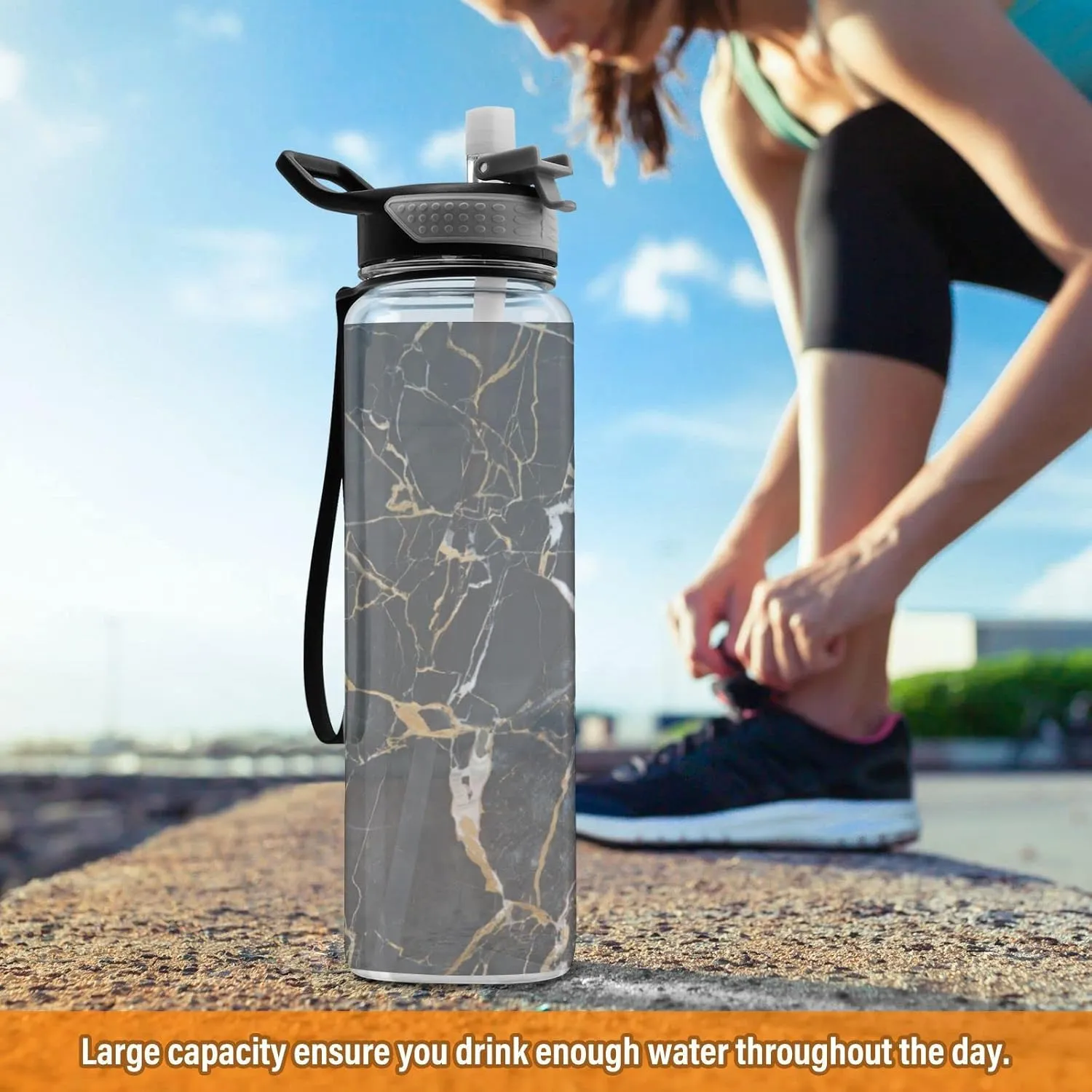 Oyihfvs Black Marble with Yellow and White Veins Agate Ripples Luxury Paint Transparent Sports Water Bottle 32 Oz, with Straw Lid Leakproof Reusable Water Bottle, Water Bottle for Fitness Gym Outdoor