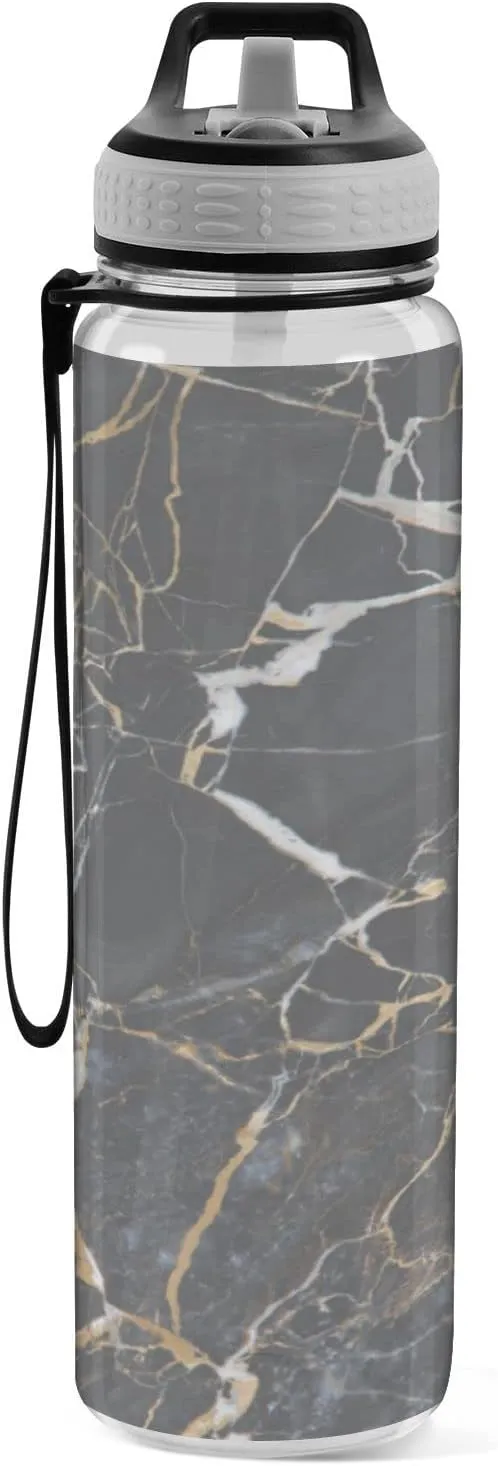 Oyihfvs Black Marble with Yellow and White Veins Agate Ripples Luxury Paint Transparent Sports Water Bottle 32 Oz, with Straw Lid Leakproof Reusable Water Bottle, Water Bottle for Fitness Gym Outdoor