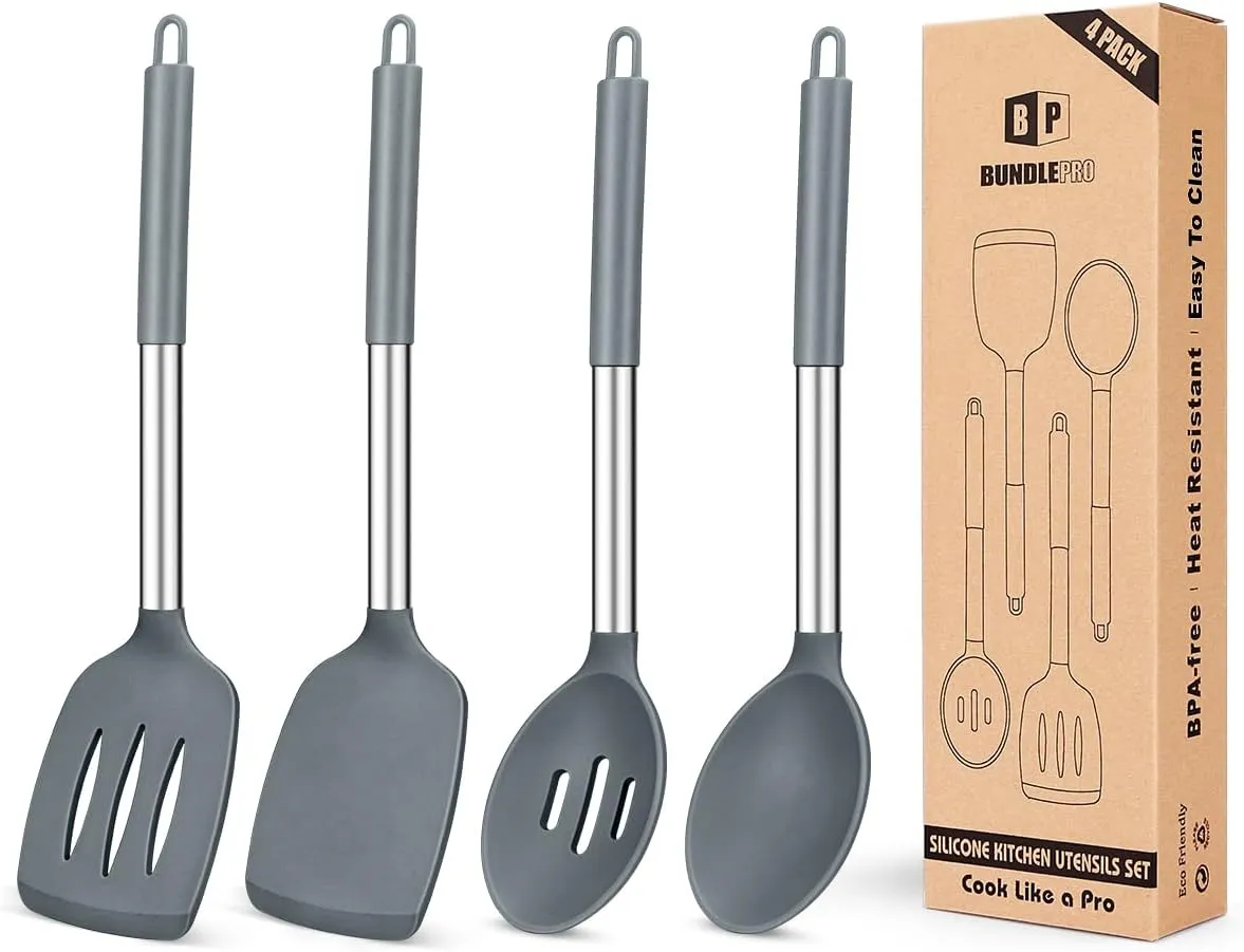 Pack of 4 Silicone Cooking Utensils Set, Non Stick Large Solid Spatulas, Heat Resistant Gray Slotted Spoons, Ideal BPA Free Kitchen Turners for Frying, Mixing,Serving,Draining,Turning,Stirring