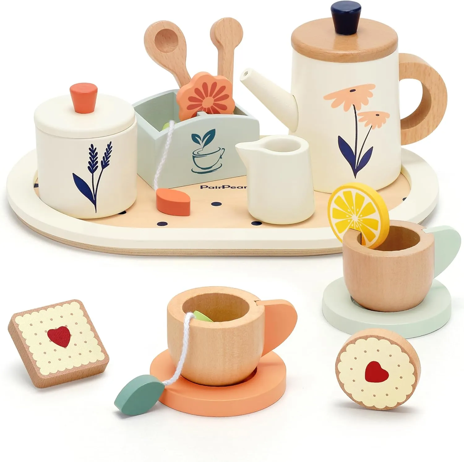 PairPear Wooden Tea Set for Toddlers,Wooden Toys Tea Party Set Play Kitchen Accessories for Kids Girls and Boys 3 Years and up,Toddler Princess Tea Time Party Food Toys