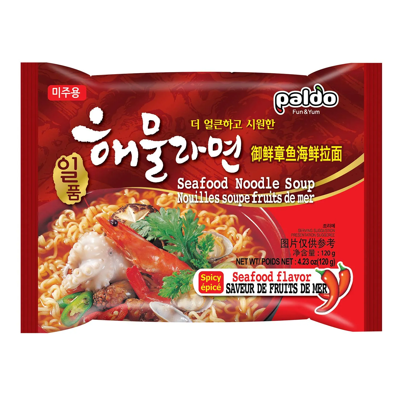 Paldo Fun & Yum Il Poom Seafood Instant Noodles with Spicy Seafood Based Broth, Best Oriental Style, Original Korean Ramyun, Spicy Ramen Challenge, K-Food, 일품 해물라면 120g (4.23 oz) x 10 Pack
