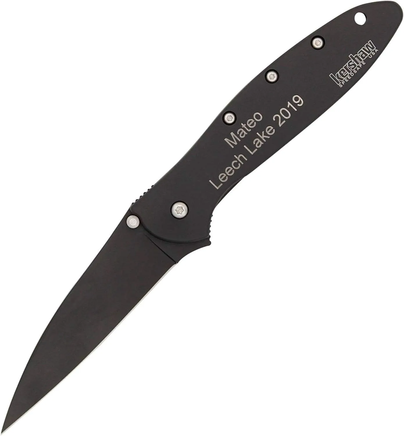 Palmetto Wood Shop Pocket Knife - Kershaw Leek 3-Inch Sandvik 14C28N Steel Blade with Cerakote Finish, 4-Inch Black Handle – Custom Engraved Gift for Men, Everyday Carry, Camping, Hunting, Fishing