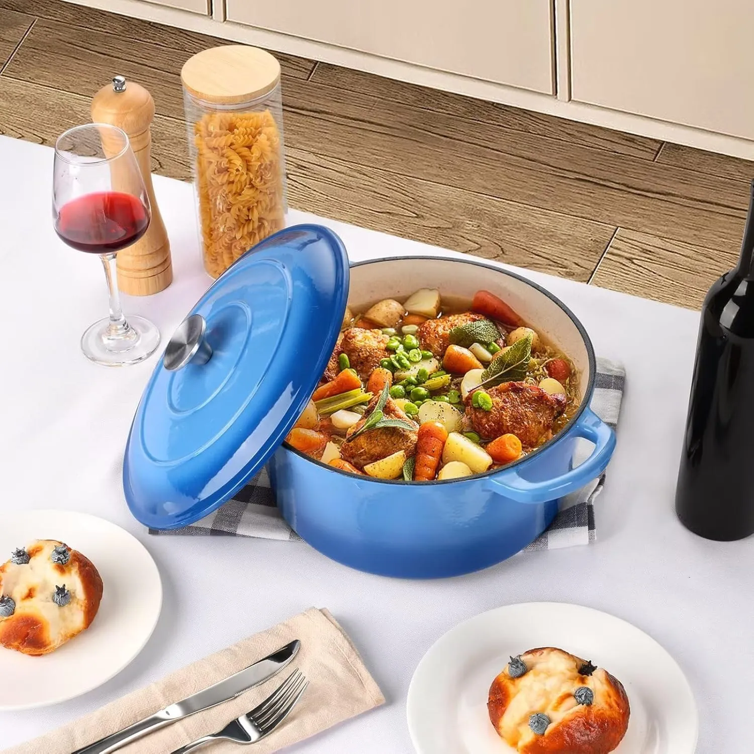 P&P CHEF 6 Quart Enameled Dutch Oven with Lid, Cast Iron Dutch Oven Pot, Enamel Round Cooking Stock Pot for Braising, Stewing, Roasting, Baking, Fit Various Stoves, (6 QT, Blue)