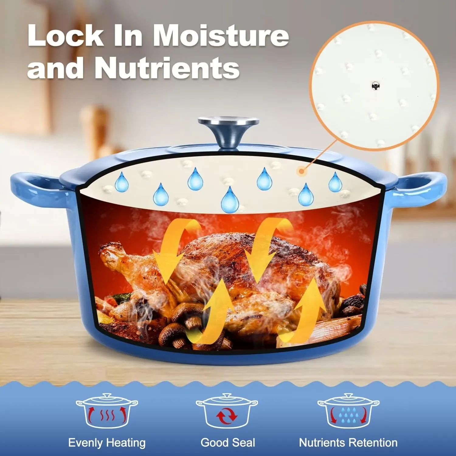 P&P CHEF 6 Quart Enameled Dutch Oven with Lid, Cast Iron Dutch Oven Pot, Enamel Round Cooking Stock Pot for Braising, Stewing, Roasting, Baking, Fit Various Stoves, (6 QT, Blue)
