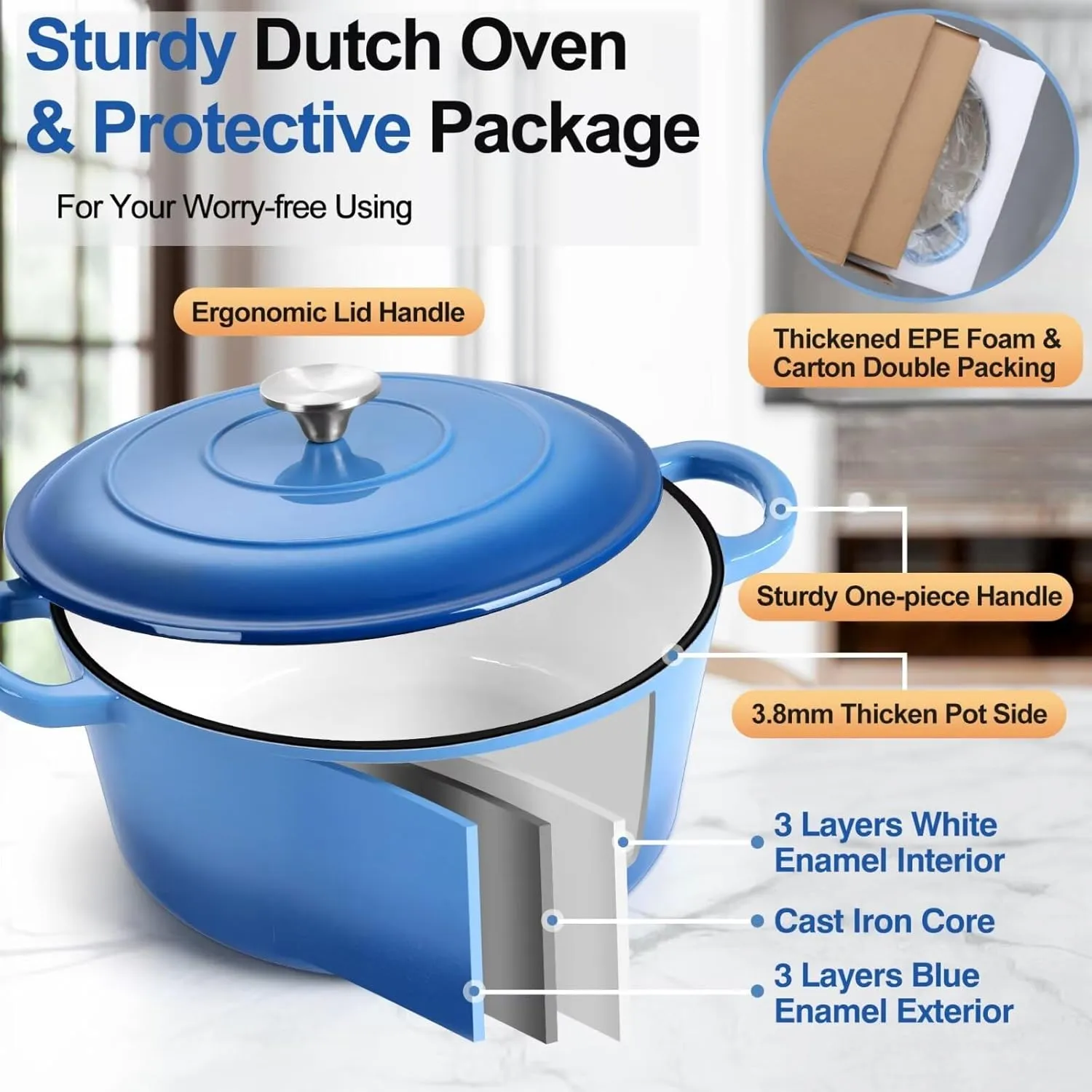 P&P CHEF 6 Quart Enameled Dutch Oven with Lid, Cast Iron Dutch Oven Pot, Enamel Round Cooking Stock Pot for Braising, Stewing, Roasting, Baking, Fit Various Stoves, (6 QT, Blue)