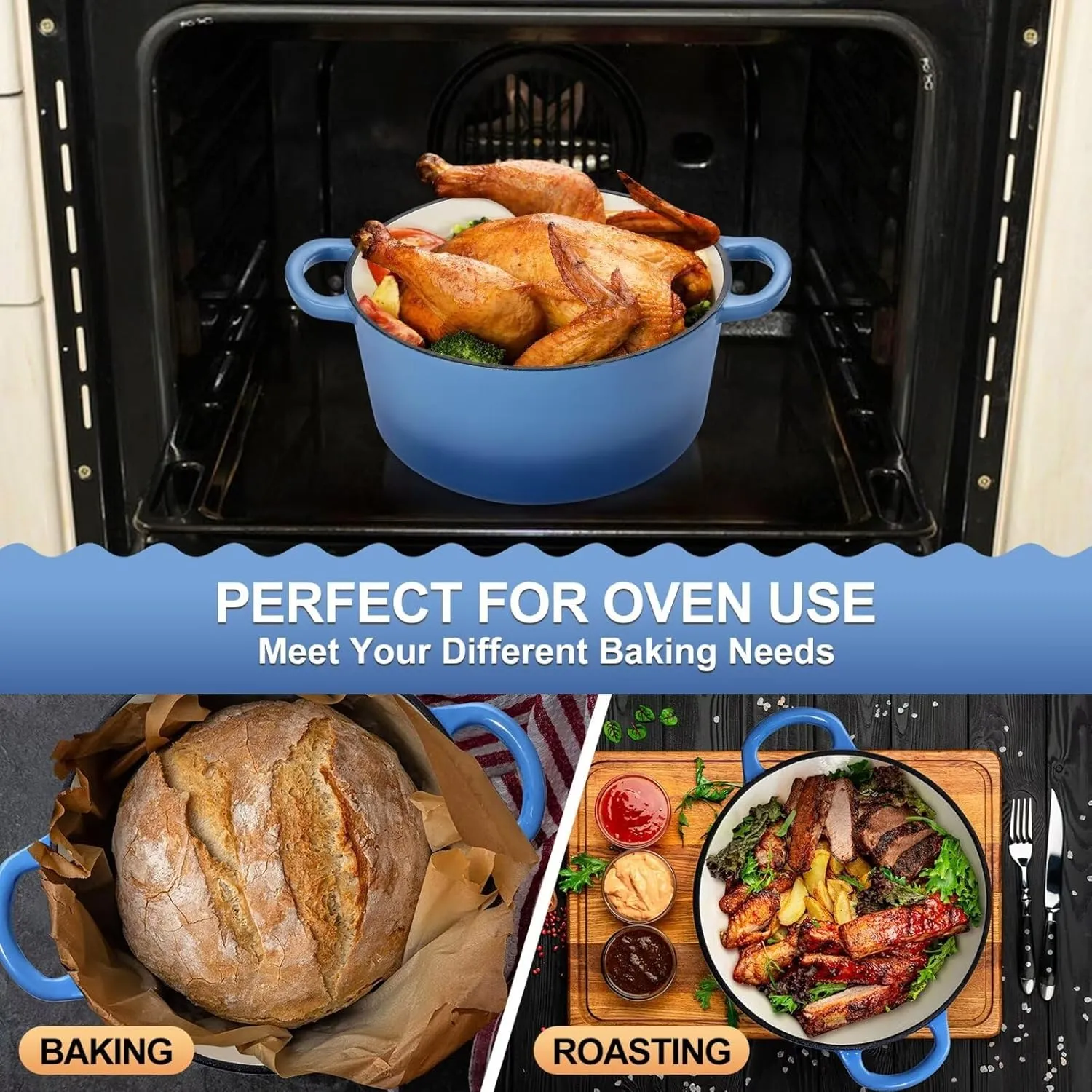 P&P CHEF 6 Quart Enameled Dutch Oven with Lid, Cast Iron Dutch Oven Pot, Enamel Round Cooking Stock Pot for Braising, Stewing, Roasting, Baking, Fit Various Stoves, (6 QT, Blue)