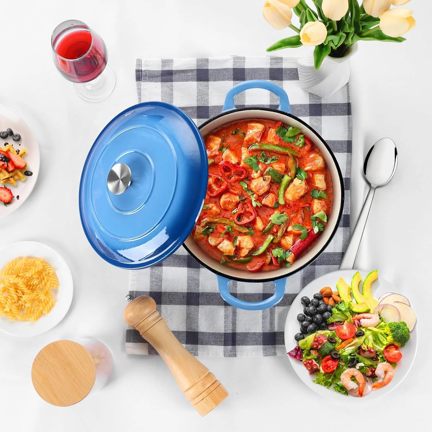 P&P CHEF 6 Quart Enameled Dutch Oven with Lid, Cast Iron Dutch Oven Pot, Enamel Round Cooking Stock Pot for Braising, Stewing, Roasting, Baking, Fit Various Stoves, (6 QT, Blue)