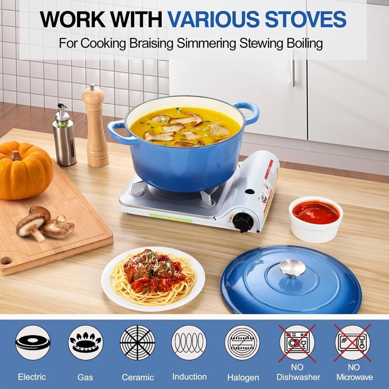 P&P CHEF 6 Quart Enameled Dutch Oven with Lid, Cast Iron Dutch Oven Pot, Enamel Round Cooking Stock Pot for Braising, Stewing, Roasting, Baking, Fit Various Stoves, (6 QT, Blue)