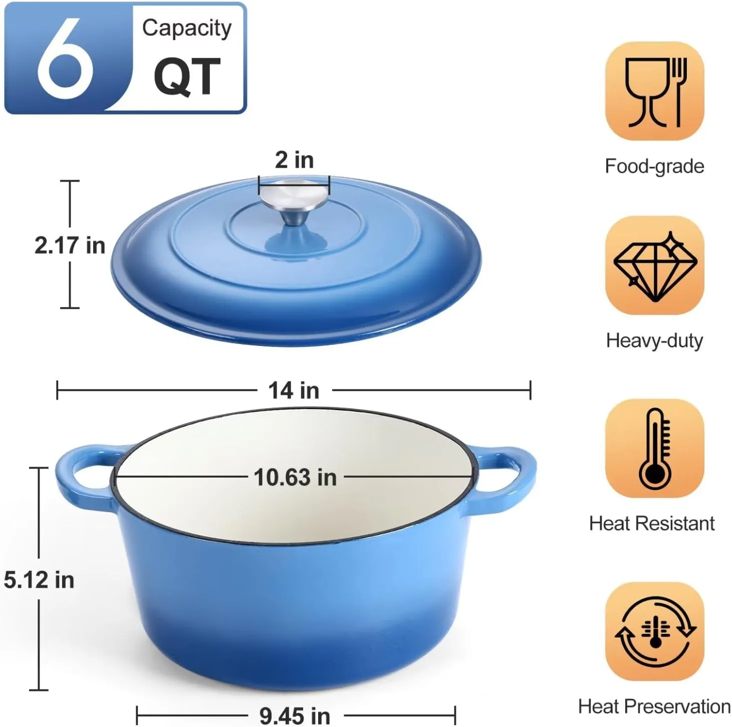 P&P CHEF 6 Quart Enameled Dutch Oven with Lid, Cast Iron Dutch Oven Pot, Enamel Round Cooking Stock Pot for Braising, Stewing, Roasting, Baking, Fit Various Stoves, (6 QT, Blue)