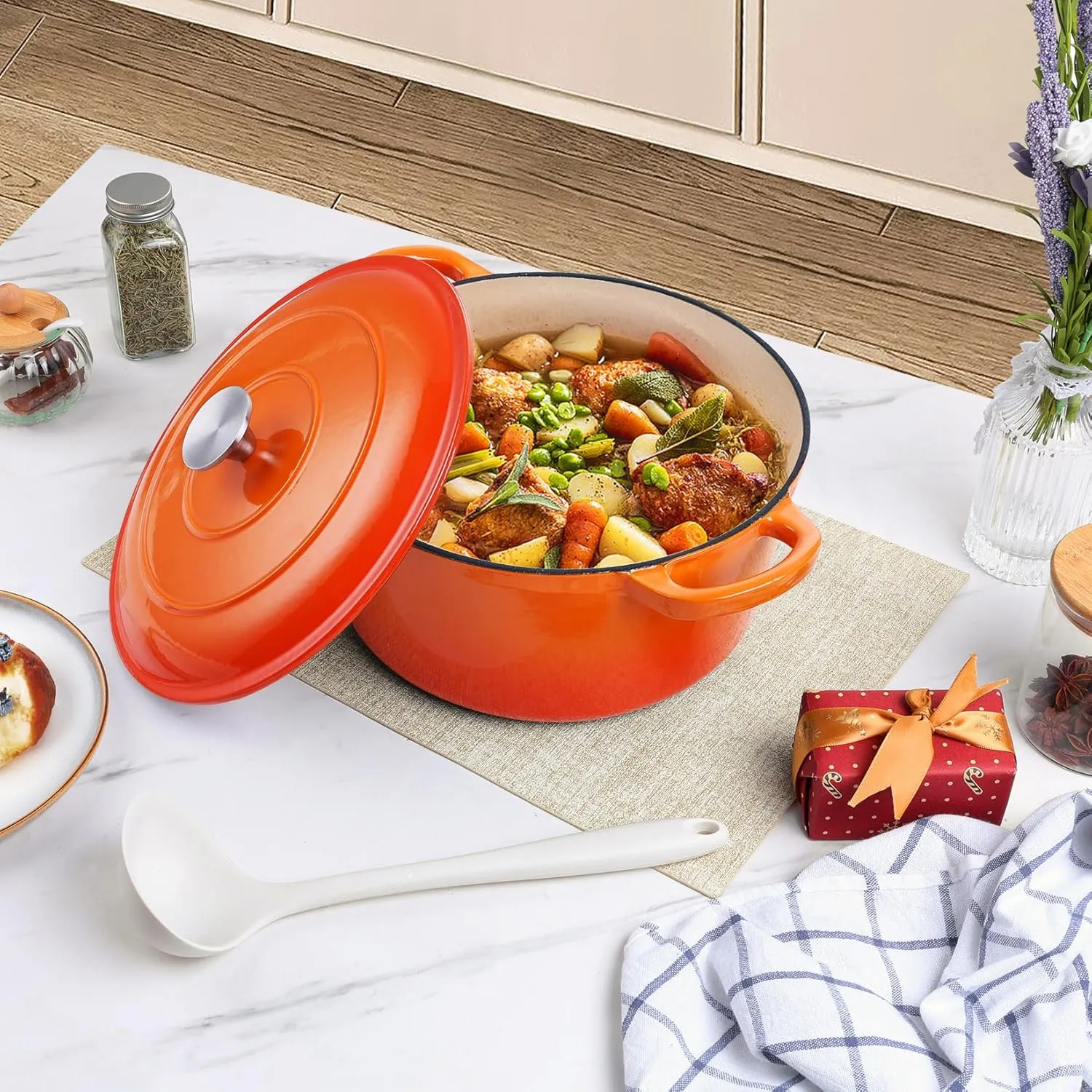 P&P CHEF 6 Quart Enameled Dutch Oven with Lid, Cast Iron Dutch Oven Pot, Enamel Round Cooking Stock Pot for Braising, Stewing, Roasting, Baking, Fit Various Stoves, (6 QT, Orange)