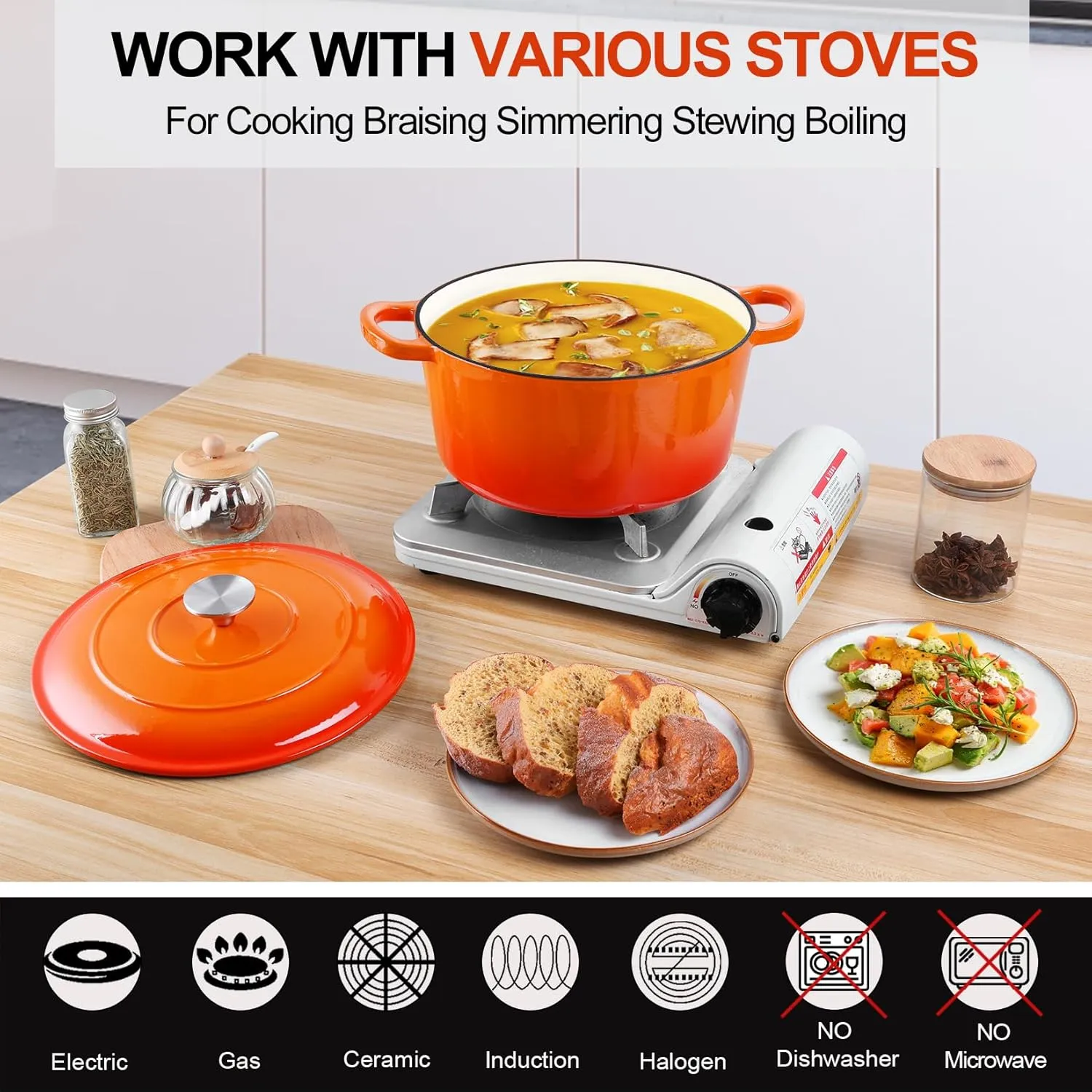 P&P CHEF 6 Quart Enameled Dutch Oven with Lid, Cast Iron Dutch Oven Pot, Enamel Round Cooking Stock Pot for Braising, Stewing, Roasting, Baking, Fit Various Stoves, (6 QT, Orange)