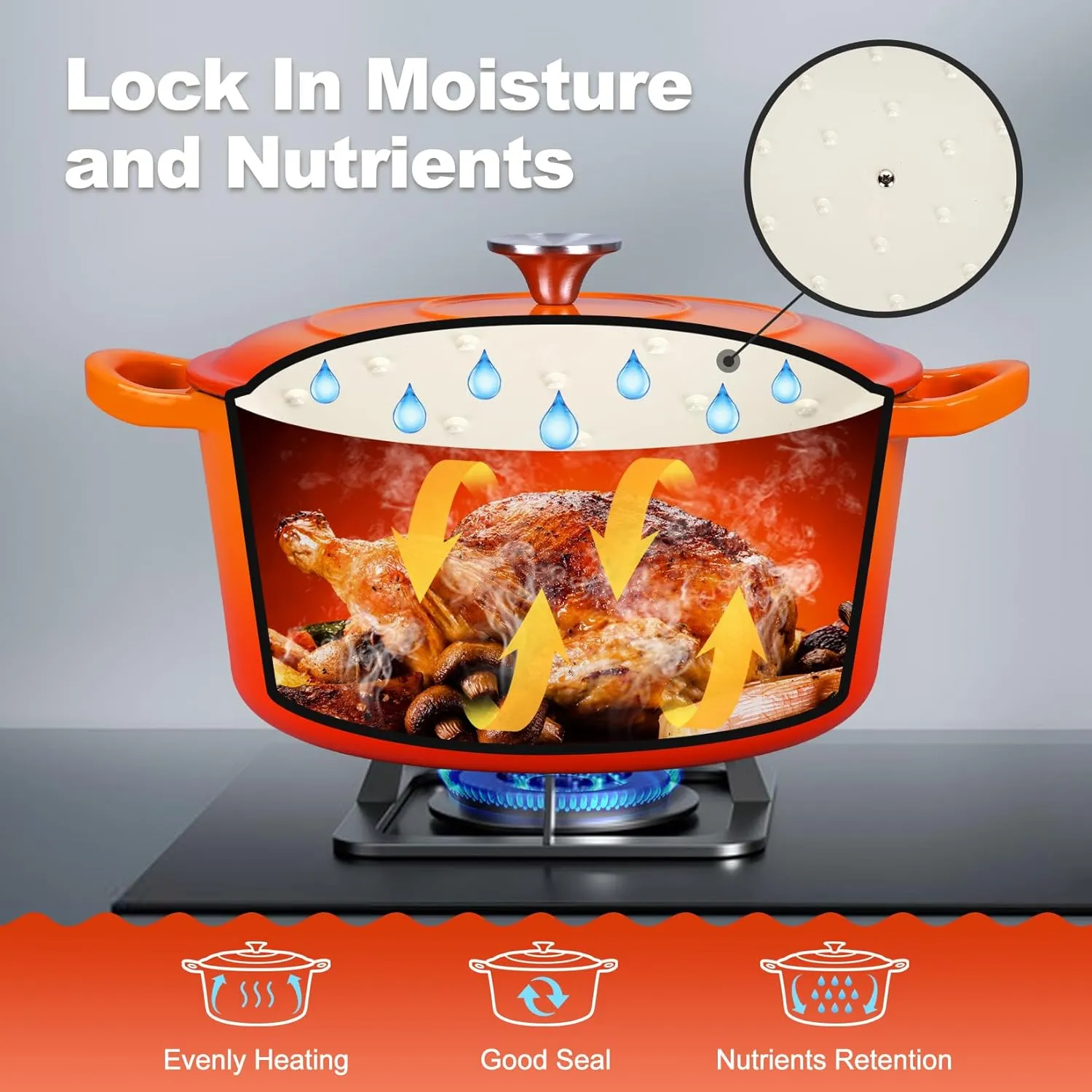 P&P CHEF 6 Quart Enameled Dutch Oven with Lid, Cast Iron Dutch Oven Pot, Enamel Round Cooking Stock Pot for Braising, Stewing, Roasting, Baking, Fit Various Stoves, (6 QT, Orange)