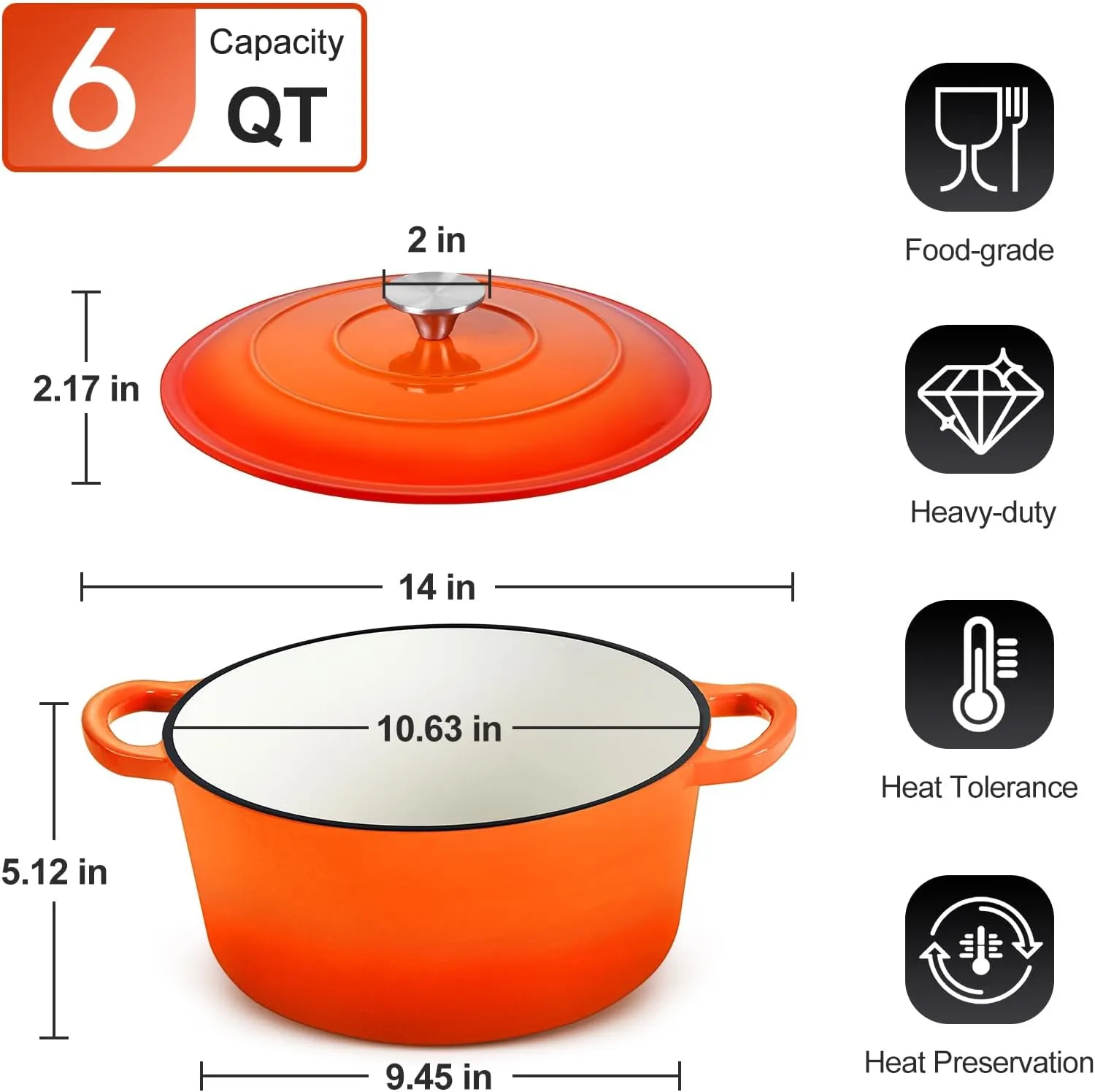 P&P CHEF 6 Quart Enameled Dutch Oven with Lid, Cast Iron Dutch Oven Pot, Enamel Round Cooking Stock Pot for Braising, Stewing, Roasting, Baking, Fit Various Stoves, (6 QT, Orange)