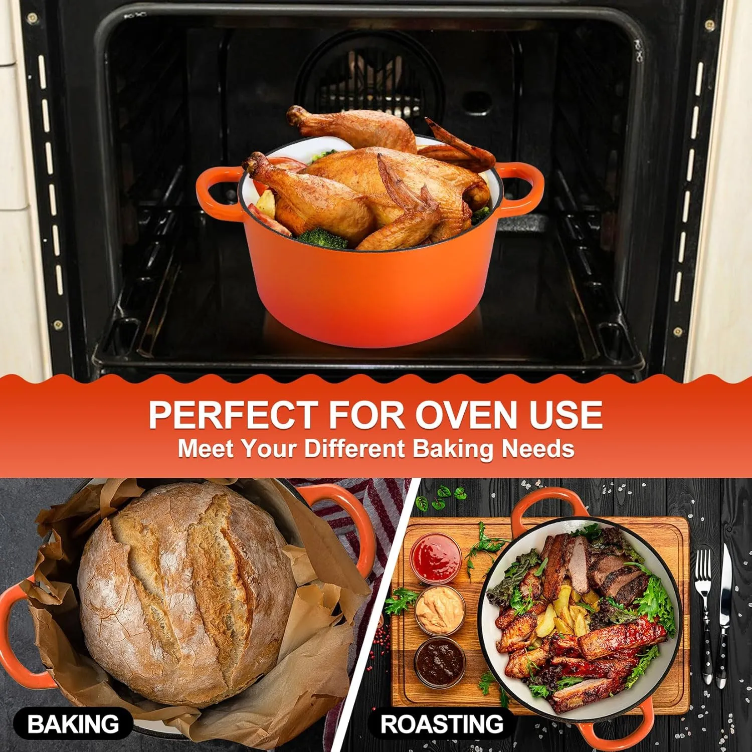 P&P CHEF 6 Quart Enameled Dutch Oven with Lid, Cast Iron Dutch Oven Pot, Enamel Round Cooking Stock Pot for Braising, Stewing, Roasting, Baking, Fit Various Stoves, (6 QT, Orange)