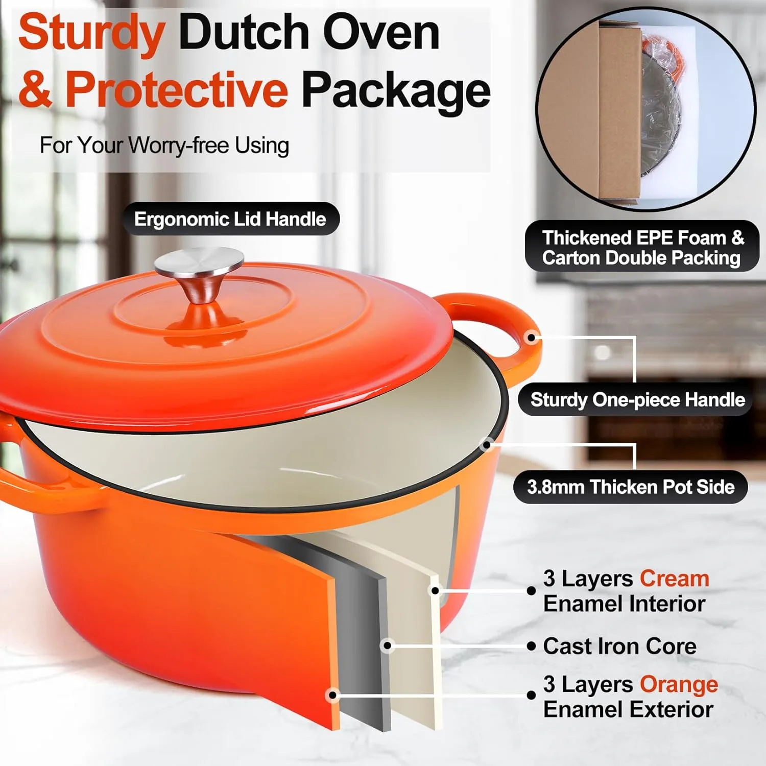P&P CHEF 6 Quart Enameled Dutch Oven with Lid, Cast Iron Dutch Oven Pot, Enamel Round Cooking Stock Pot for Braising, Stewing, Roasting, Baking, Fit Various Stoves, (6 QT, Orange)
