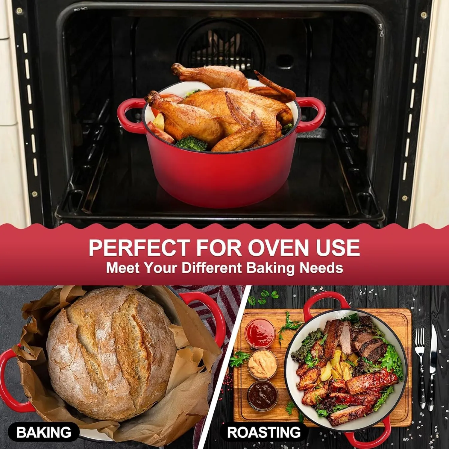 P&P CHEF 6 Quart Enameled Dutch Oven with Lid, Cast Iron Dutch Oven Pot, Enamel Round Cooking Stock Pot for Braising, Stewing, Roasting, Baking, Fit Various Stoves, (6 QT, Red)