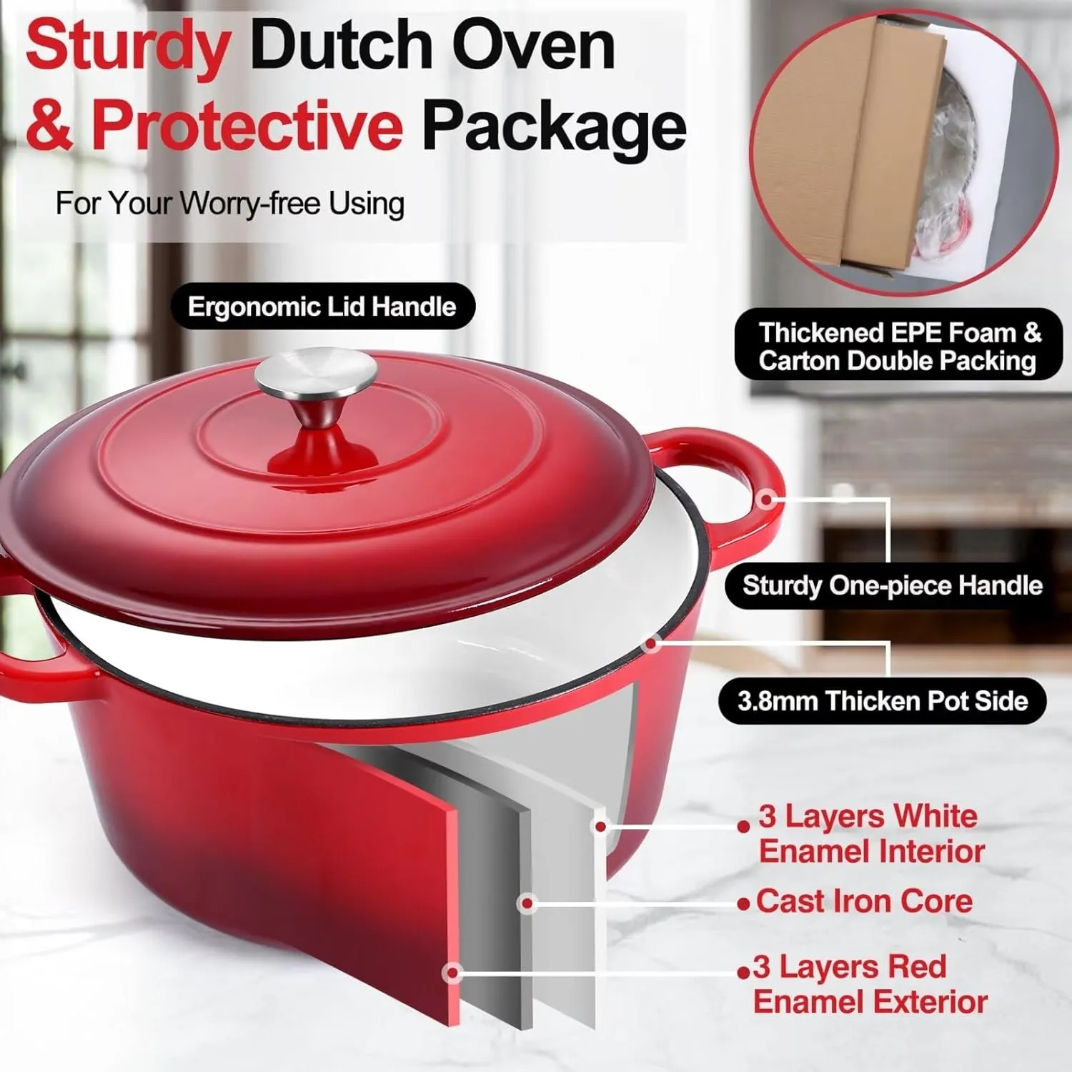 P&P CHEF 6 Quart Enameled Dutch Oven with Lid, Cast Iron Dutch Oven Pot, Enamel Round Cooking Stock Pot for Braising, Stewing, Roasting, Baking, Fit Various Stoves, (6 QT, Red)
