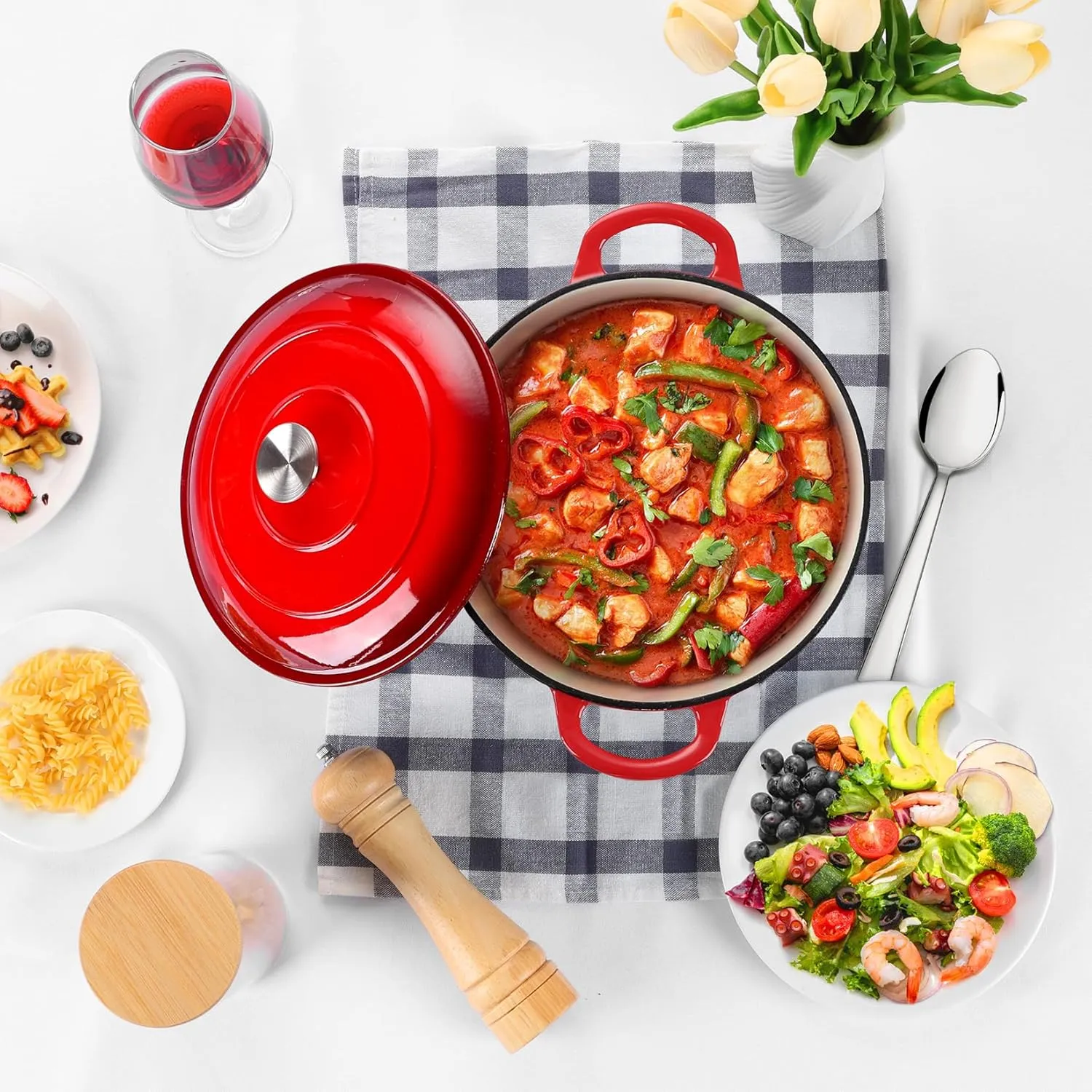 P&P CHEF 6 Quart Enameled Dutch Oven with Lid, Cast Iron Dutch Oven Pot, Enamel Round Cooking Stock Pot for Braising, Stewing, Roasting, Baking, Fit Various Stoves, (6 QT, Red)
