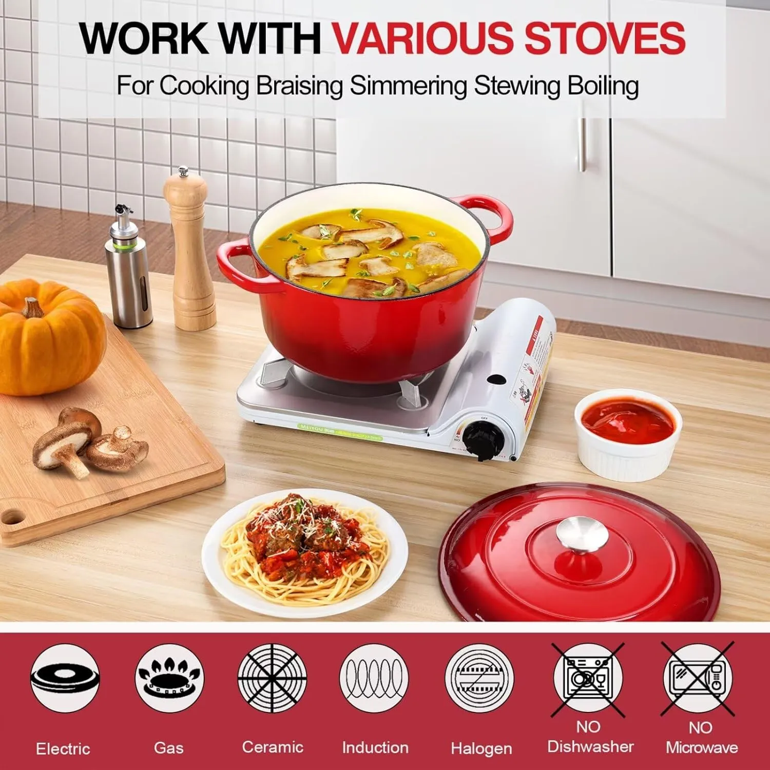 P&P CHEF 6 Quart Enameled Dutch Oven with Lid, Cast Iron Dutch Oven Pot, Enamel Round Cooking Stock Pot for Braising, Stewing, Roasting, Baking, Fit Various Stoves, (6 QT, Red)