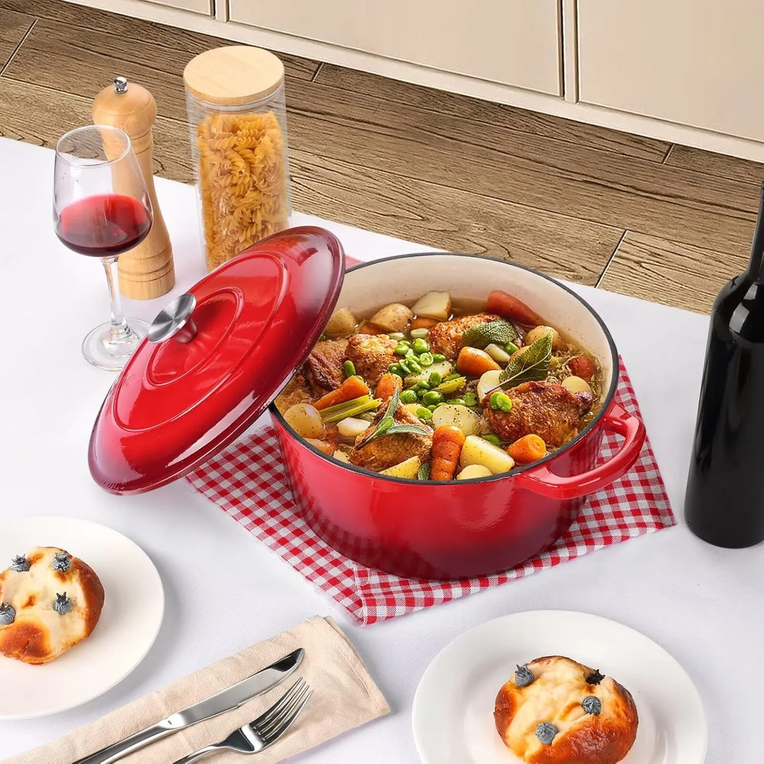 P&P CHEF 6 Quart Enameled Dutch Oven with Lid, Cast Iron Dutch Oven Pot, Enamel Round Cooking Stock Pot for Braising, Stewing, Roasting, Baking, Fit Various Stoves, (6 QT, Red)