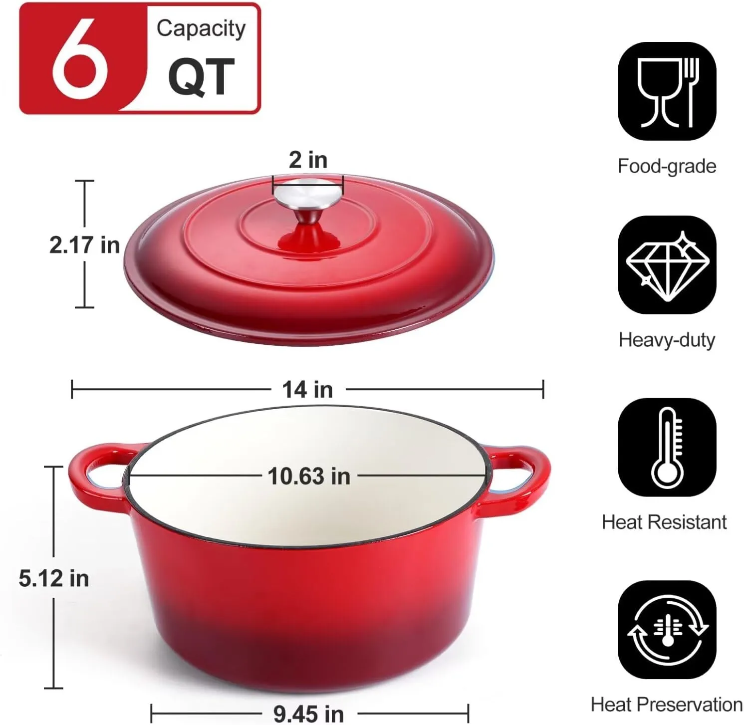 P&P CHEF 6 Quart Enameled Dutch Oven with Lid, Cast Iron Dutch Oven Pot, Enamel Round Cooking Stock Pot for Braising, Stewing, Roasting, Baking, Fit Various Stoves, (6 QT, Red)