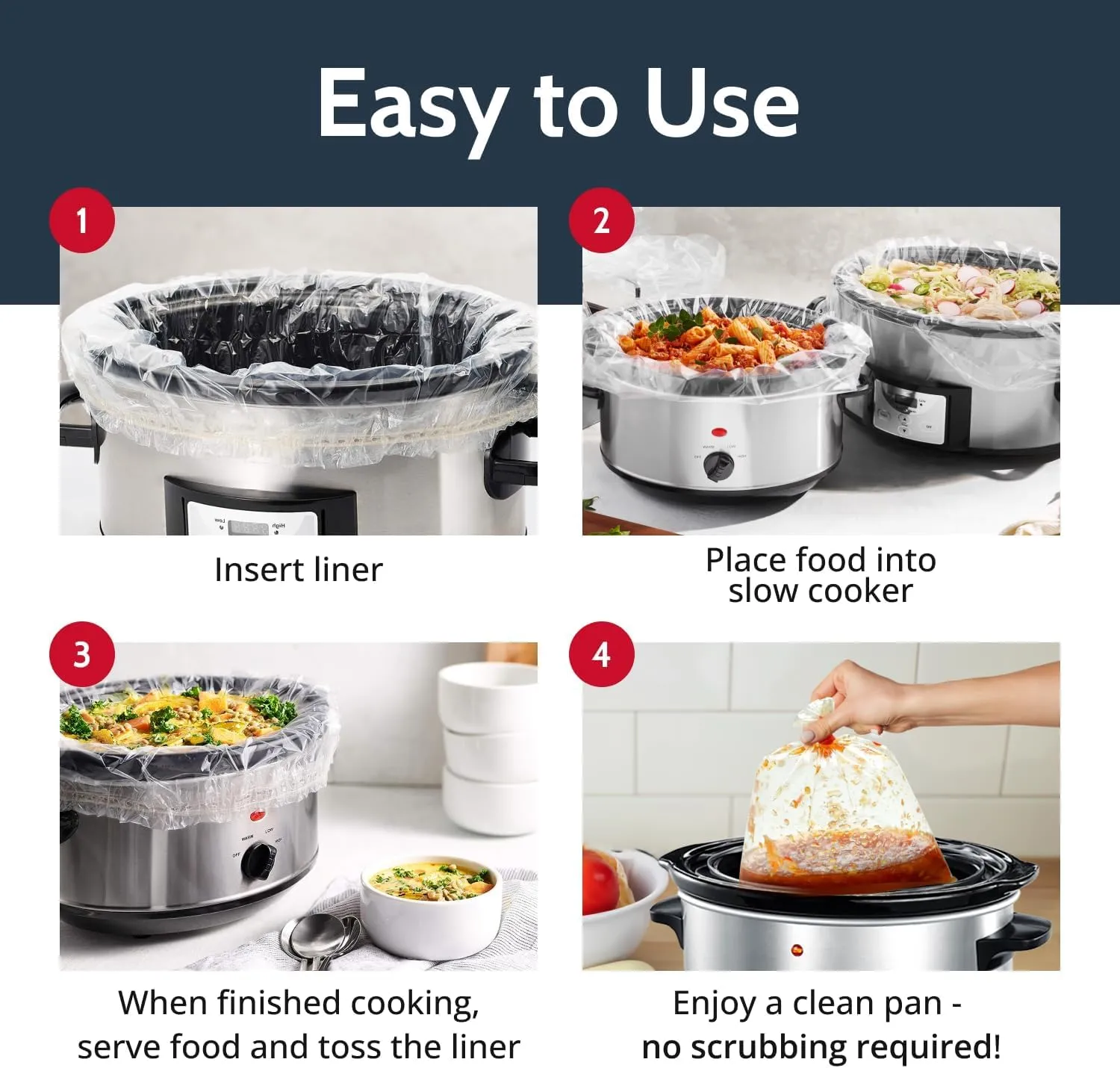 PanSaver Slow Cooker Liners - Disposable Liners with Sure Fit Band for Snug Fit - Instant Cleanup with No Scrubbing - Fits 3-6.5 Quarts, 4 Count
