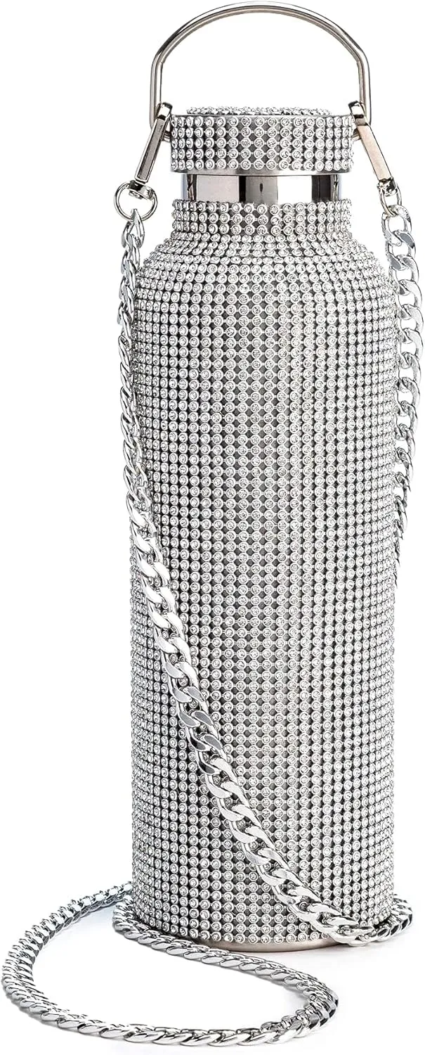 Paris Hilton Diamond Bling Water Bottle With Lid And Removable Carrying Strap, Stainless Steel Vacuum Insulated, Bedazzled With Over 5000 Rhinestones, 25-Ounce, Silver