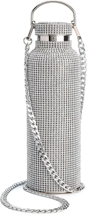Paris Hilton Diamond Bling Water Bottle With Lid And Removable Carrying Strap, Stainless Steel Vacuum Insulated, Bedazzled With Over 5000 Rhinestones, 25-Ounce, Silver