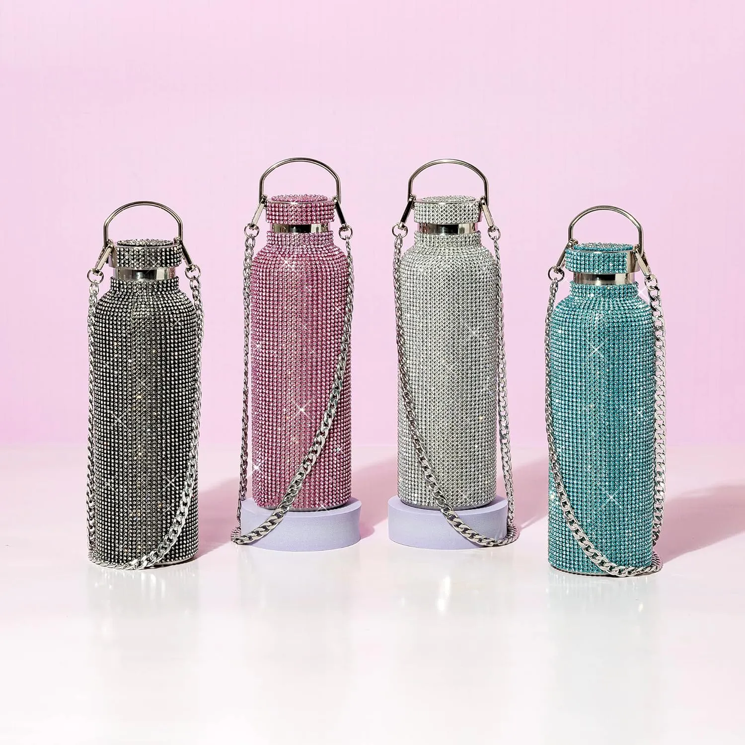 Paris Hilton Diamond Bling Water Bottle With Lid And Removable Carrying Strap, Stainless Steel Vacuum Insulated, Bedazzled With Over 5000 Rhinestones, 25-Ounce, Silver