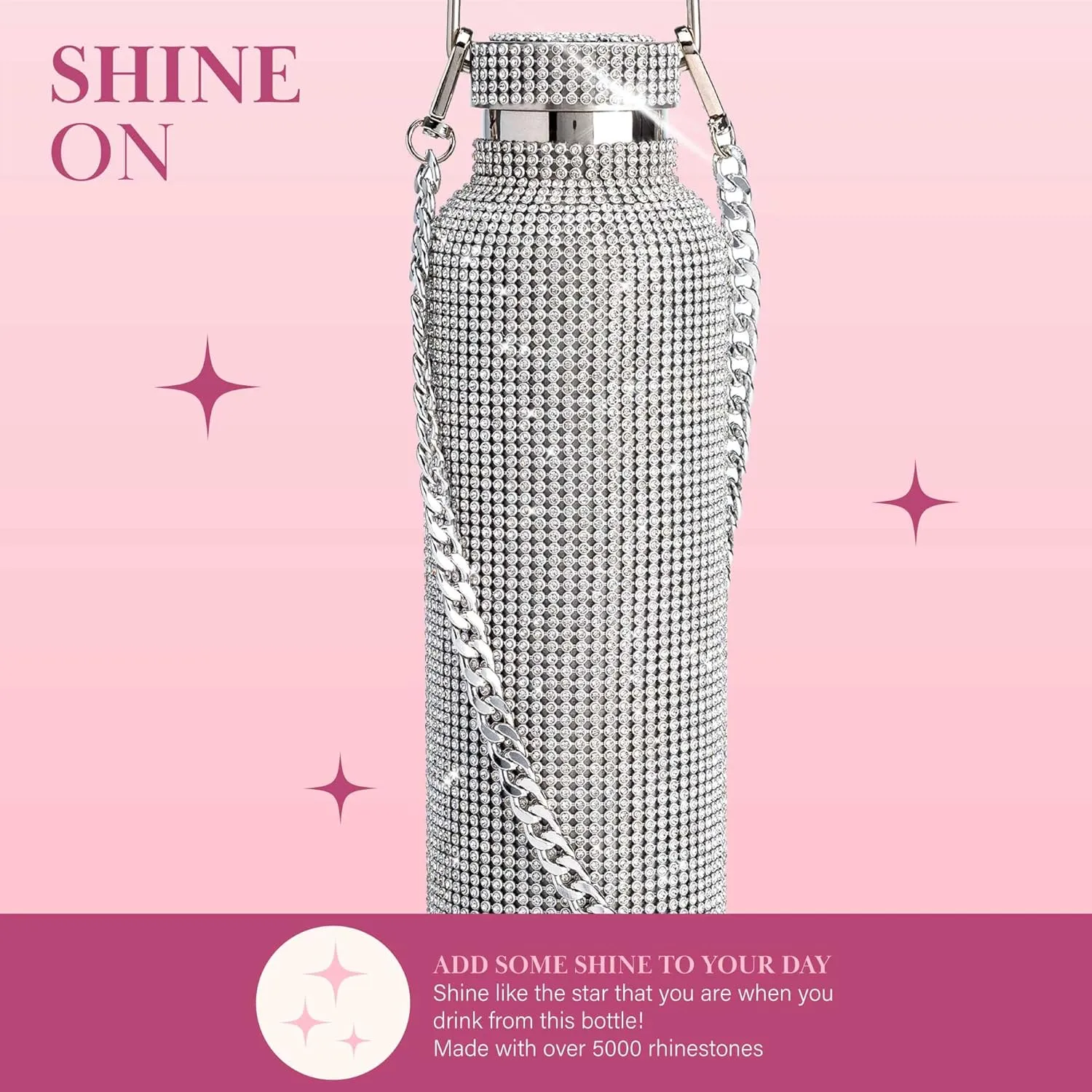 Paris Hilton Diamond Bling Water Bottle With Lid And Removable Carrying Strap, Stainless Steel Vacuum Insulated, Bedazzled With Over 5000 Rhinestones, 25-Ounce, Silver