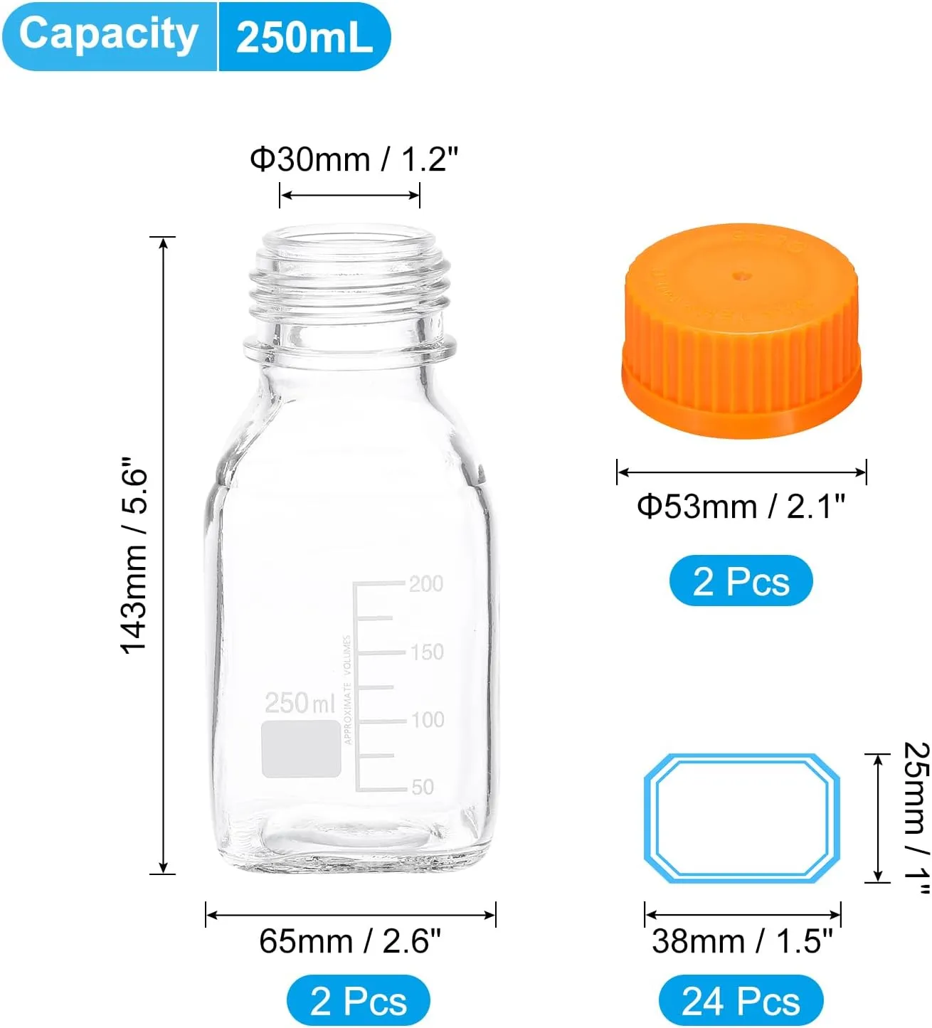 PATIKIL 2 Pack Reagent Media Storage Bottles, 250ml Borosilicate Glass Square Graduated Round Bottles with Orange GL32 Screw Cap and 24 Pack Labels for Lab Water Reagent Liquids, Clear