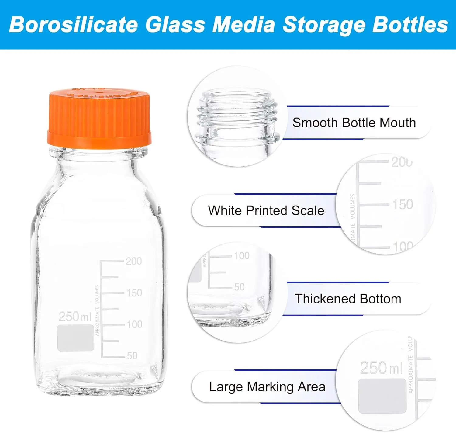 PATIKIL 2 Pack Reagent Media Storage Bottles, 250ml Borosilicate Glass Square Graduated Round Bottles with Orange GL32 Screw Cap and 24 Pack Labels for Lab Water Reagent Liquids, Clear