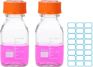 PATIKIL 2 Pack Reagent Media Storage Bottles, 250ml Borosilicate Glass Square Graduated Round Bottles with Orange GL32 Screw Cap and 24 Pack Labels for Lab Water Reagent Liquids, Clear