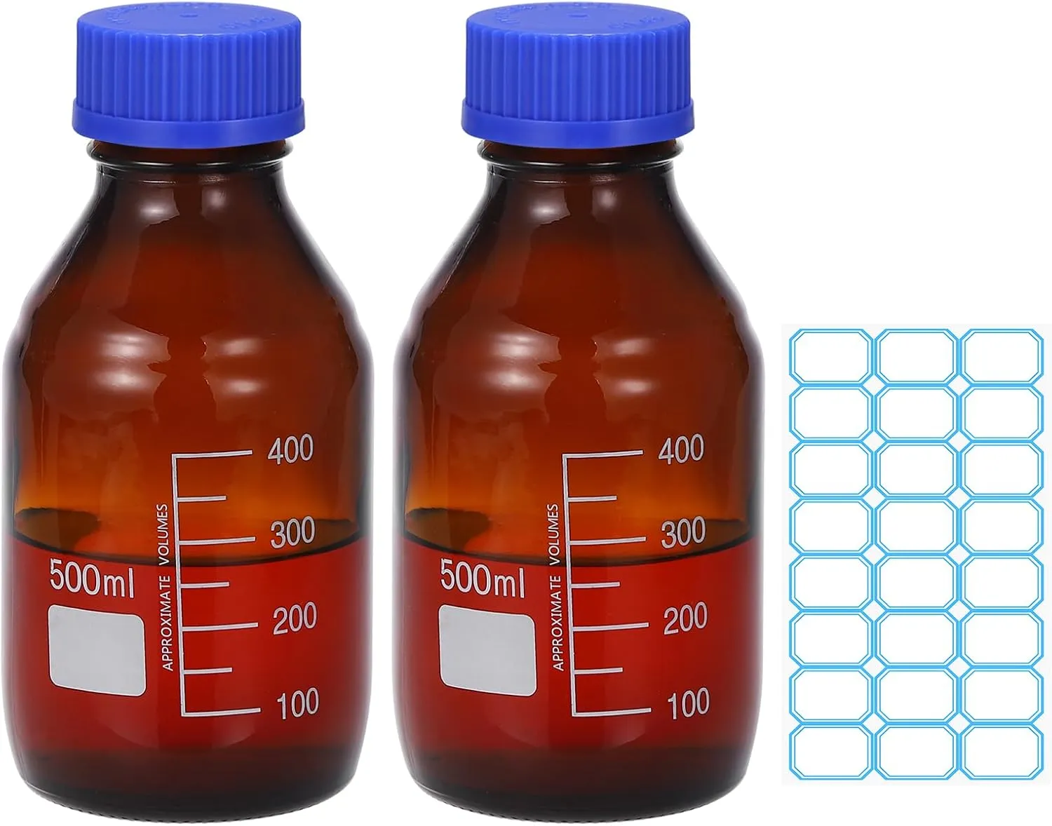PATIKIL 2 Pack Reagent Media Storage Bottles, 500ml Borosilicate Glass Graduated Round Bottles with Blue GL32 Screw Cap and 24 Pcs Labels for Lab Water Reagent Liquids, Amber