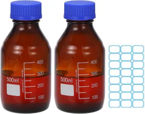 PATIKIL 2 Pack Reagent Media Storage Bottles, 500ml Borosilicate Glass Graduated Round Bottles with Blue GL32 Screw Cap and 24 Pcs Labels for Lab Water Reagent Liquids, Amber