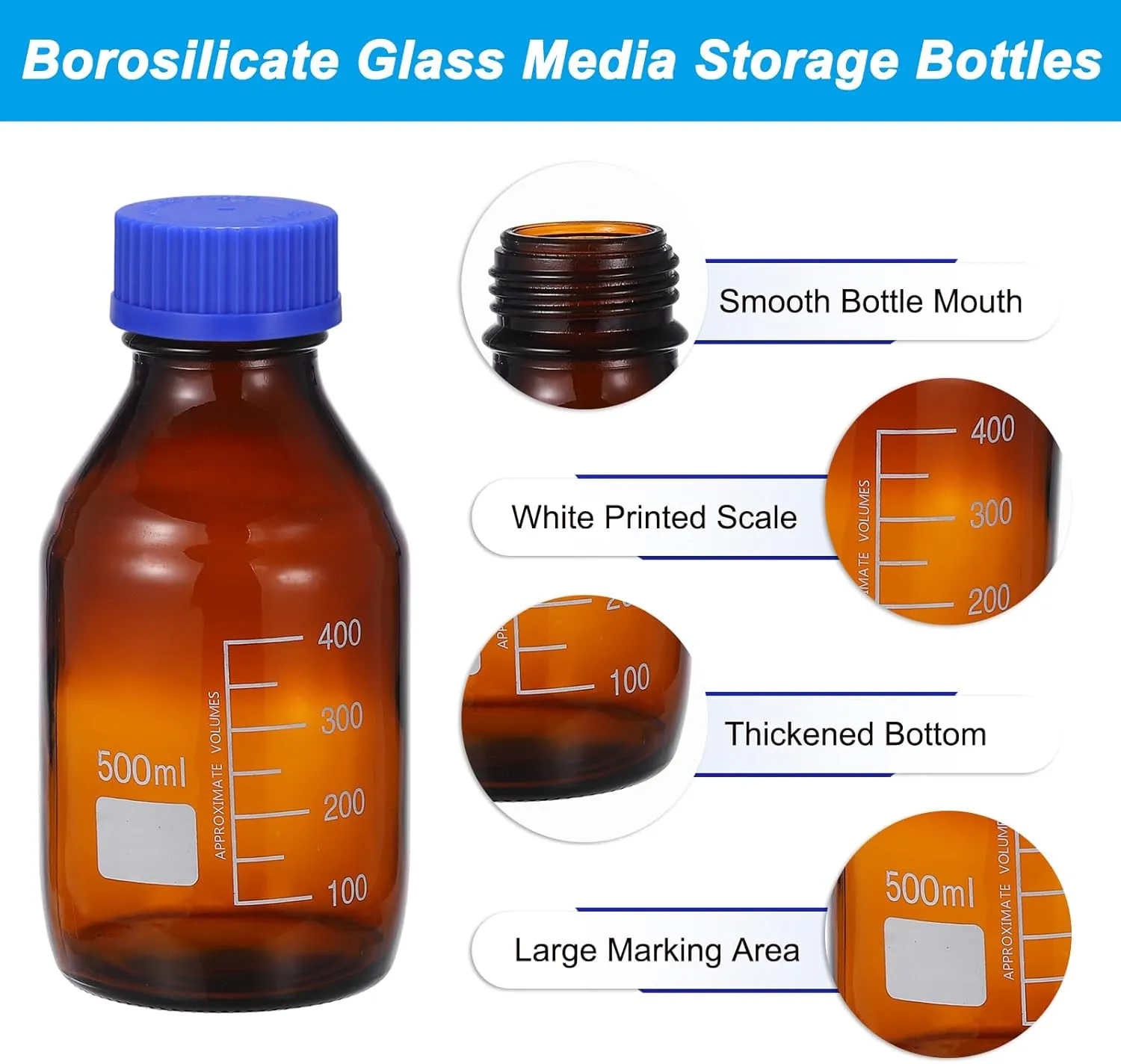 PATIKIL 2 Pack Reagent Media Storage Bottles, 500ml Borosilicate Glass Graduated Round Bottles with Blue GL32 Screw Cap and 24 Pcs Labels for Lab Water Reagent Liquids, Amber