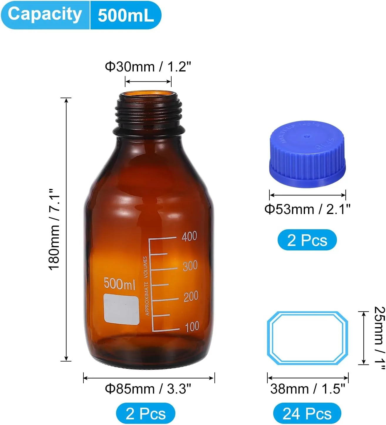 PATIKIL 2 Pack Reagent Media Storage Bottles, 500ml Borosilicate Glass Graduated Round Bottles with Blue GL32 Screw Cap and 24 Pcs Labels for Lab Water Reagent Liquids, Amber