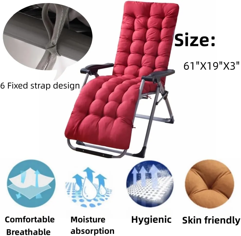 Patio Chaise Lounger Cushion， IndoorOutdoor Rocking Chair Sofa Cushion with 6 Ties， Thick Padded Swing Bench Cushion，61x18.9x3.1in (Khaki)