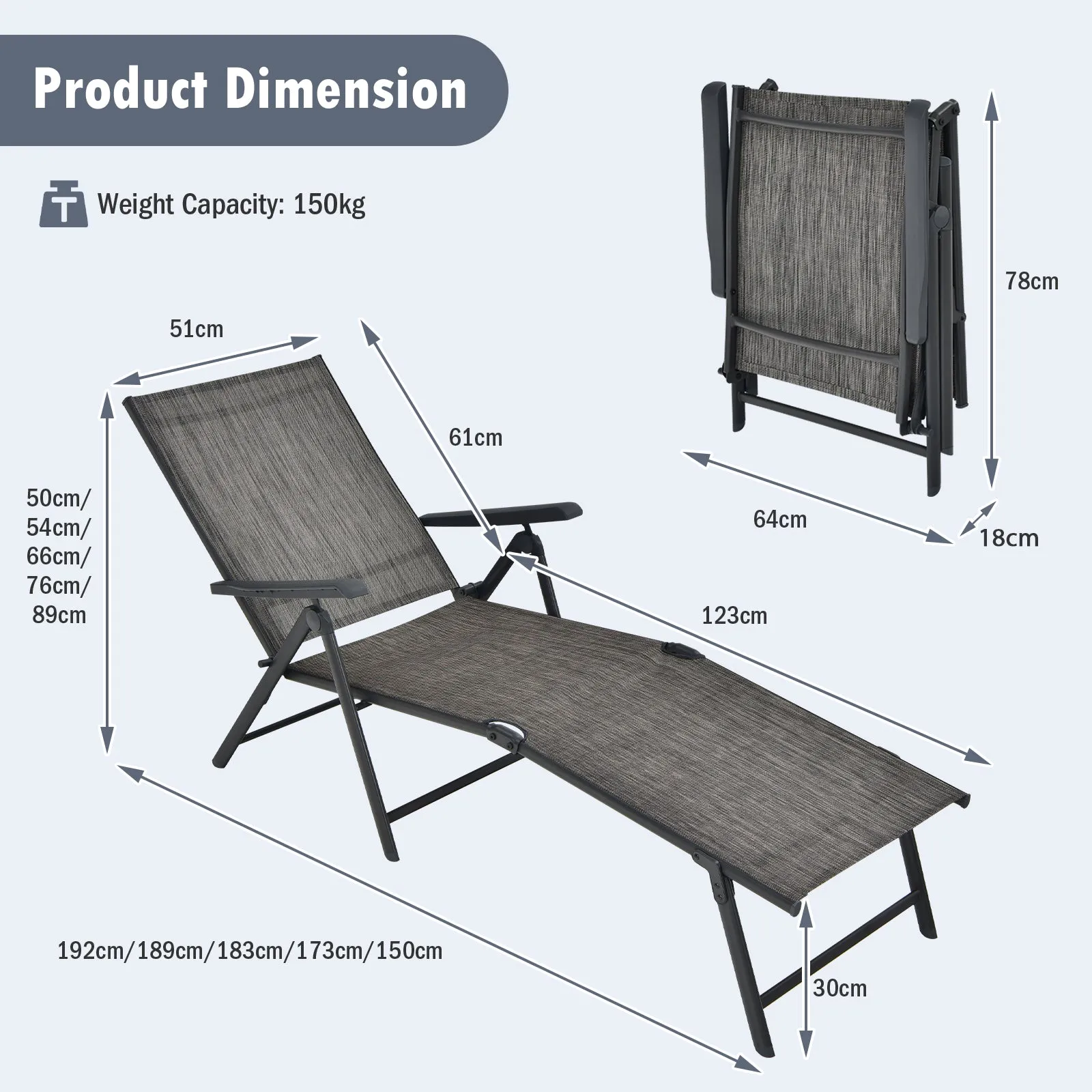 Patio Foldable Chaise Lounge Chair Reclining with Adjustable Backrest 2 Pack