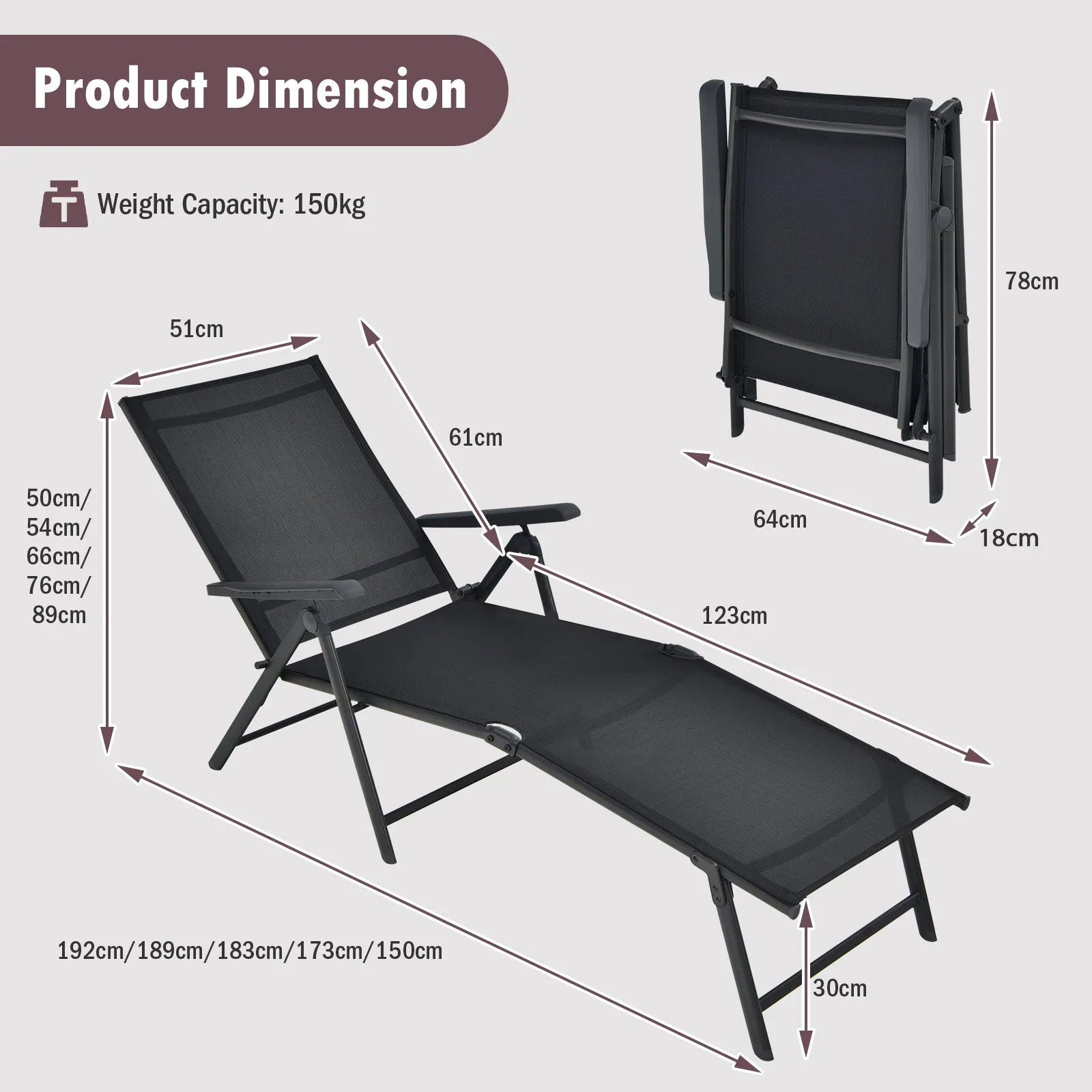 Patio Foldable Chaise Lounge Chair Reclining with Adjustable Backrest 2 Pack