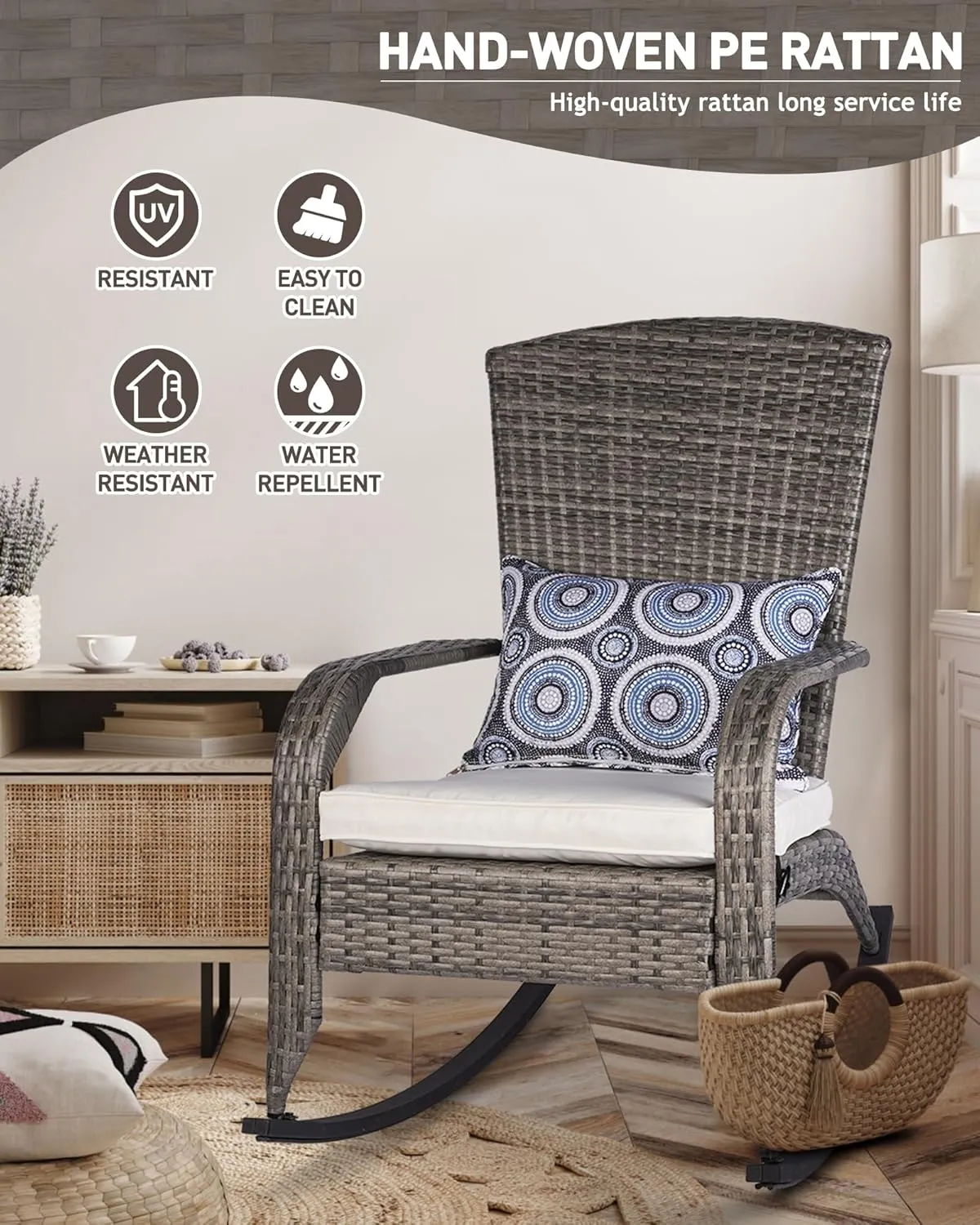Patio Rocking Chair- Wicker Rocking Chairs Outdoor with Cushions and Pillow, All-Weather Outdoor Rocker Chair with 2 Replaceable Cushion Covers (White & Blue) 320lbs