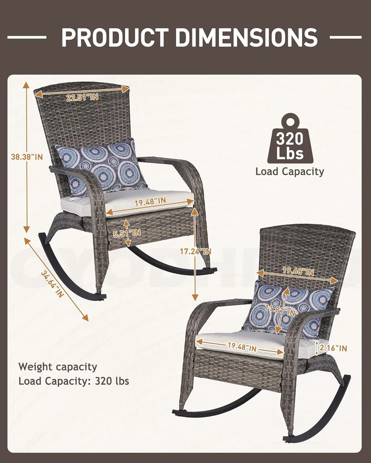 Patio Rocking Chair- Wicker Rocking Chairs Outdoor with Cushions and Pillow, All-Weather Outdoor Rocker Chair with 2 Replaceable Cushion Covers (White & Blue) 320lbs