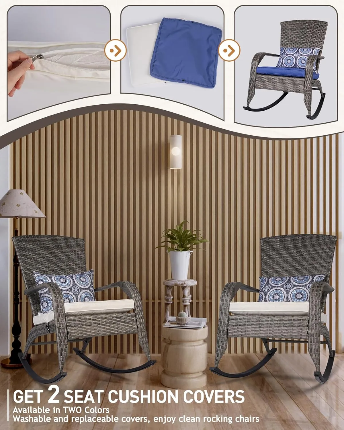 Patio Rocking Chair- Wicker Rocking Chairs Outdoor with Cushions and Pillow, All-Weather Outdoor Rocker Chair with 2 Replaceable Cushion Covers (White & Blue) 320lbs