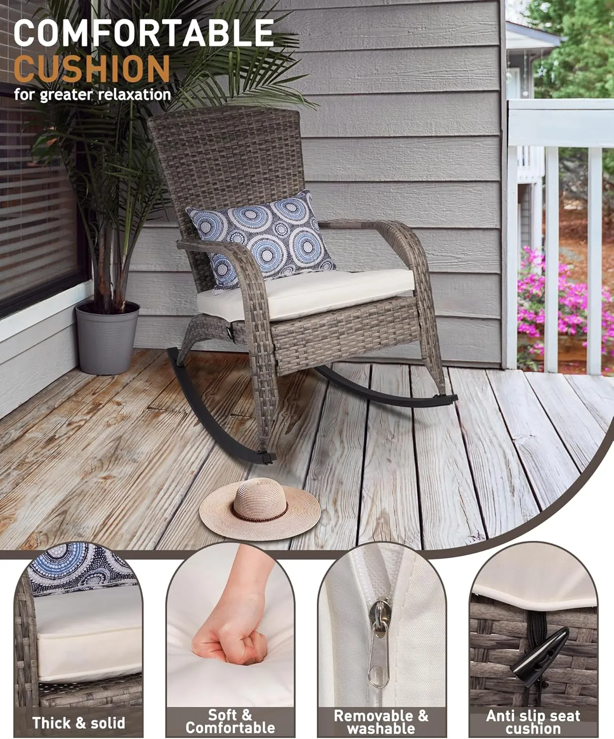 Patio Rocking Chair- Wicker Rocking Chairs Outdoor with Cushions and Pillow, All-Weather Outdoor Rocker Chair with 2 Replaceable Cushion Covers (White & Blue) 320lbs