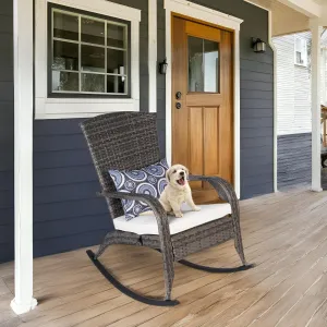Patio Rocking Chair- Wicker Rocking Chairs Outdoor with Cushions and Pillow, All-Weather Outdoor Rocker Chair with 2 Replaceable Cushion Covers (White & Blue) 320lbs