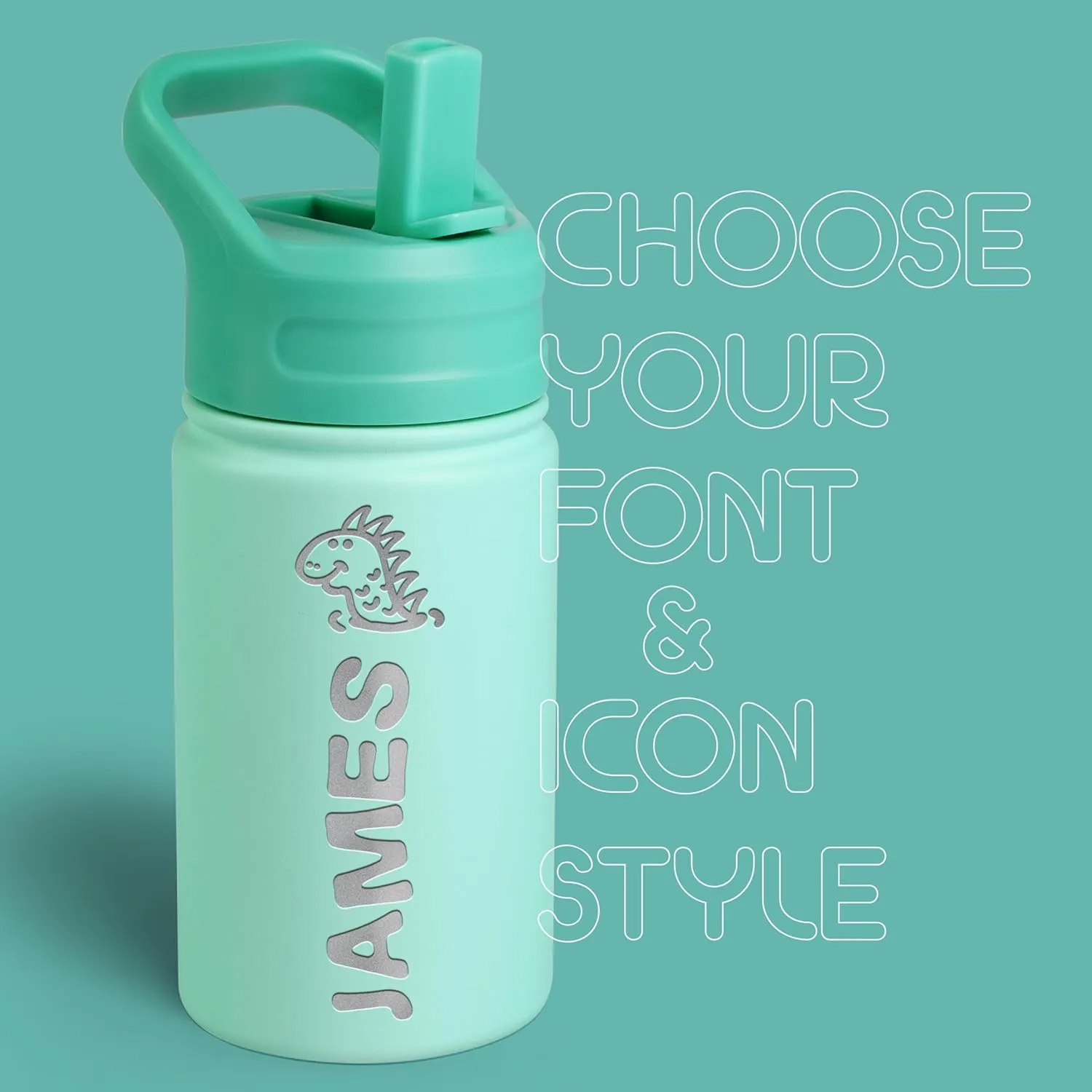 Personalized Kids Water Bottle with Name & Icon - Custom Kids Water Bottle, 12 oz with Leakproof Straw Lid - Back to School, Christmas & Birthday Gift for Boys & Girls, Teal