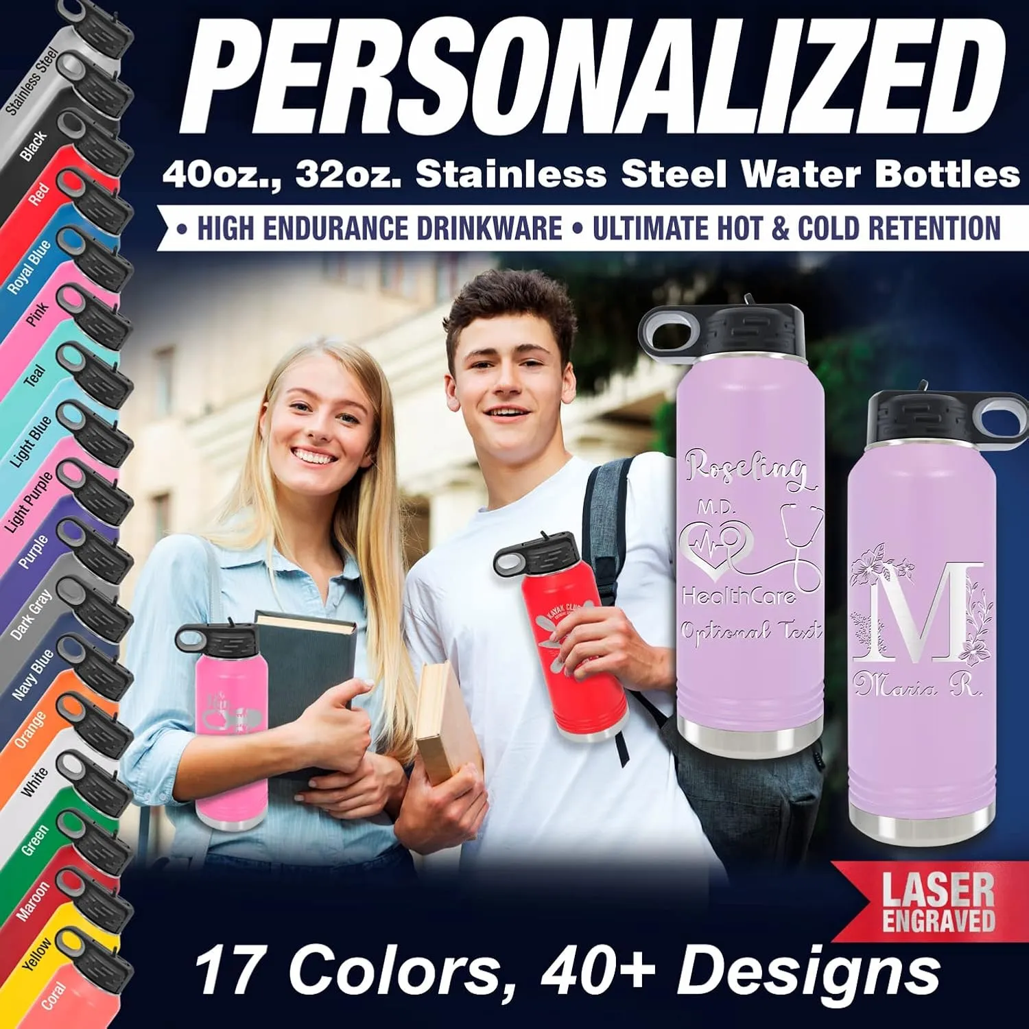 Personalized Water Bottle for Girls 40oz/32oz with Flip-Top Lid and Straw, Customized Insulated Water Flask, Stainless Steel Sports Thermos Tumbler, Name/Text Engraved by iProductsUS (Light Purple)