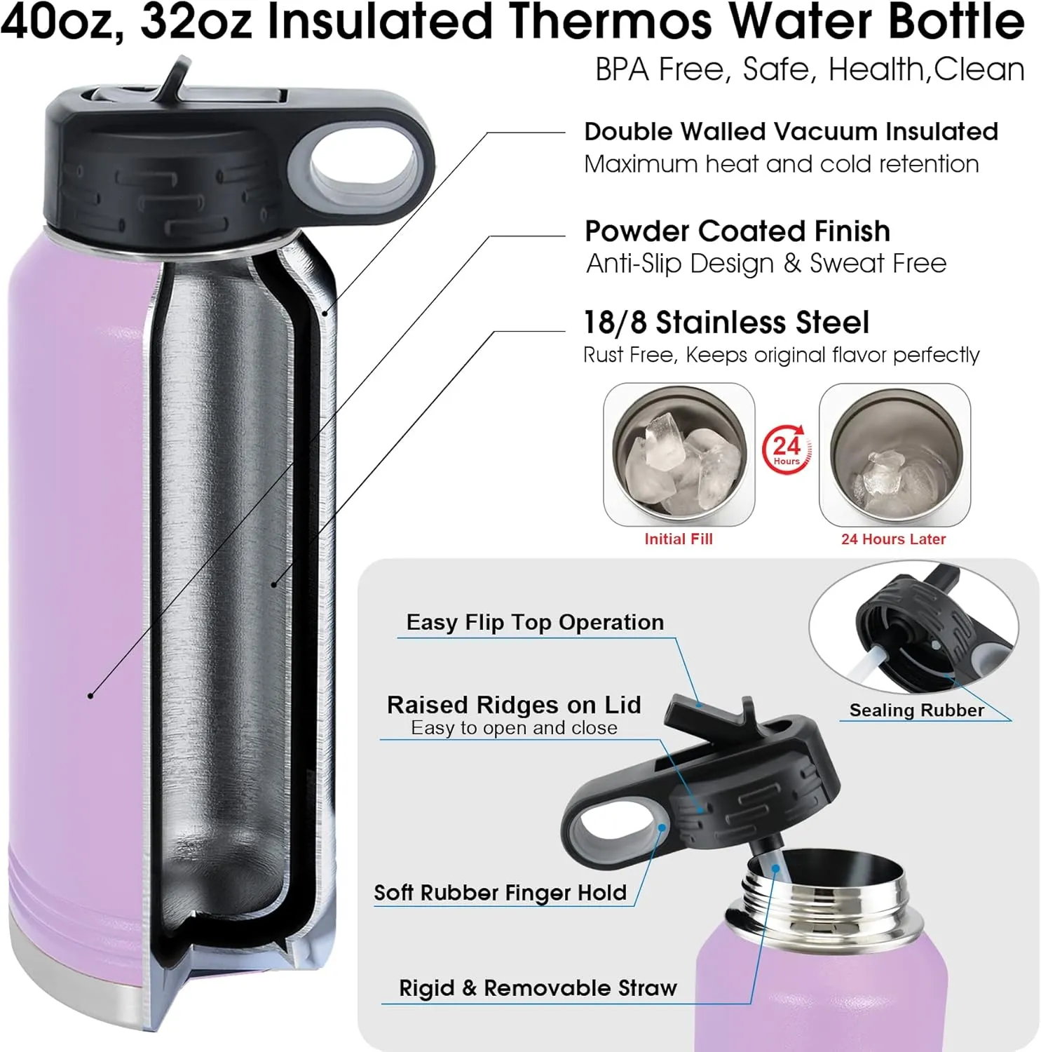 Personalized Water Bottle for Girls 40oz/32oz with Flip-Top Lid and Straw, Customized Insulated Water Flask, Stainless Steel Sports Thermos Tumbler, Name/Text Engraved by iProductsUS (Light Purple)